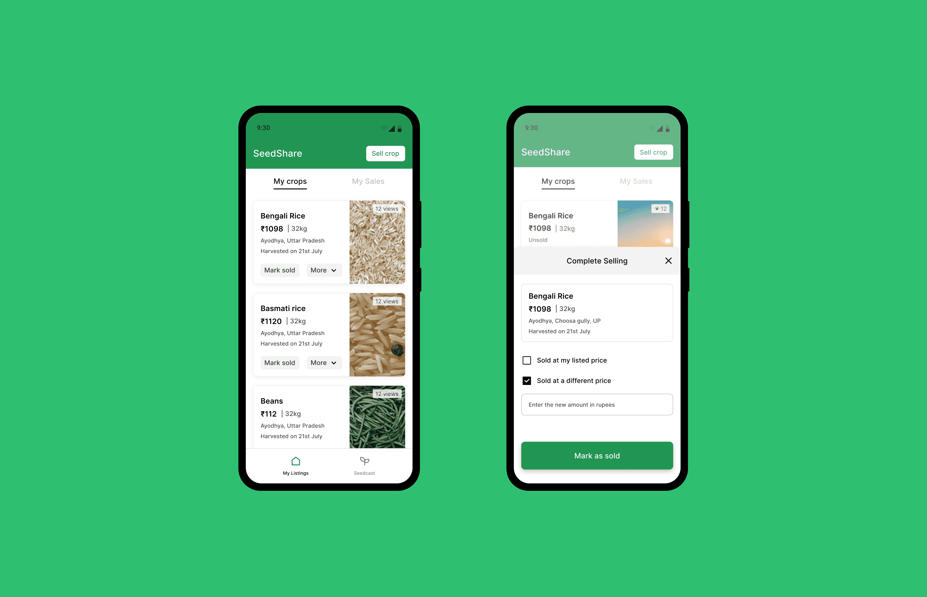 Two screens from Seedshare