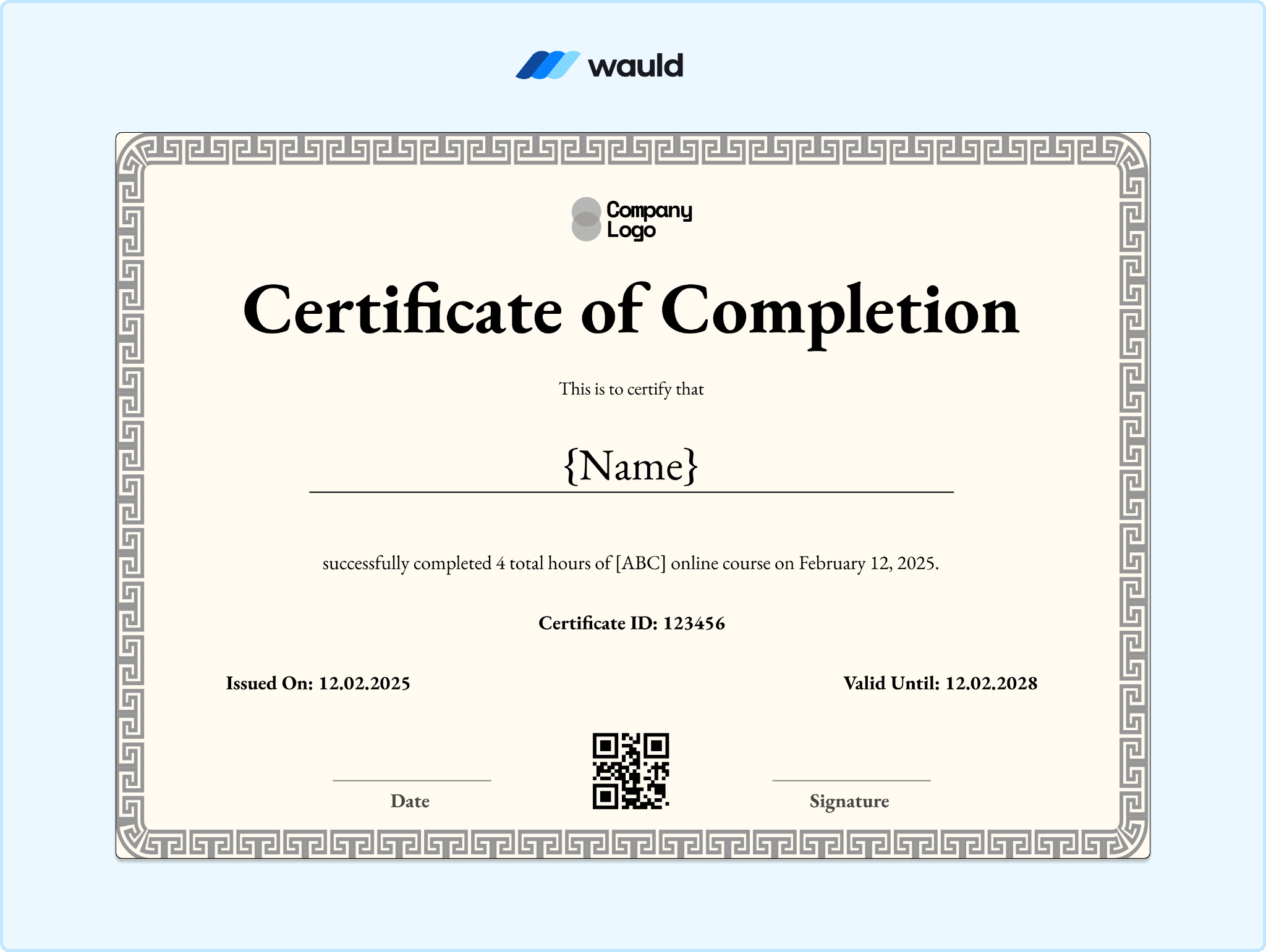 Cream certificate of completion template with thin tan border