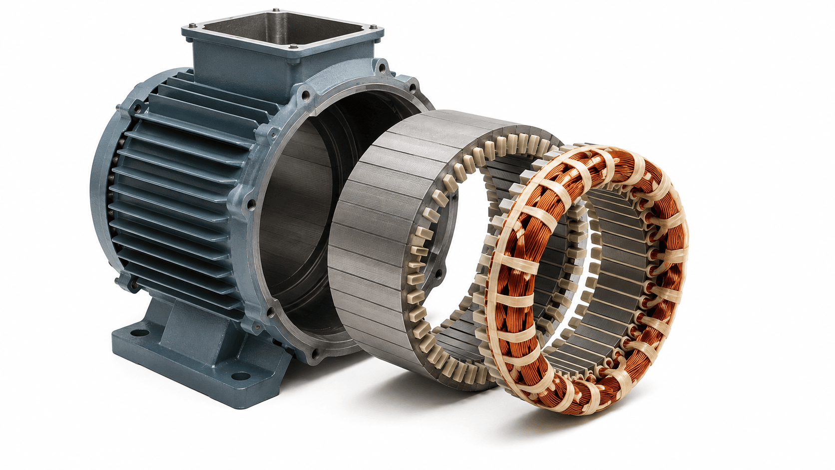 stator frame, laminated core, and winding inside an induction motor