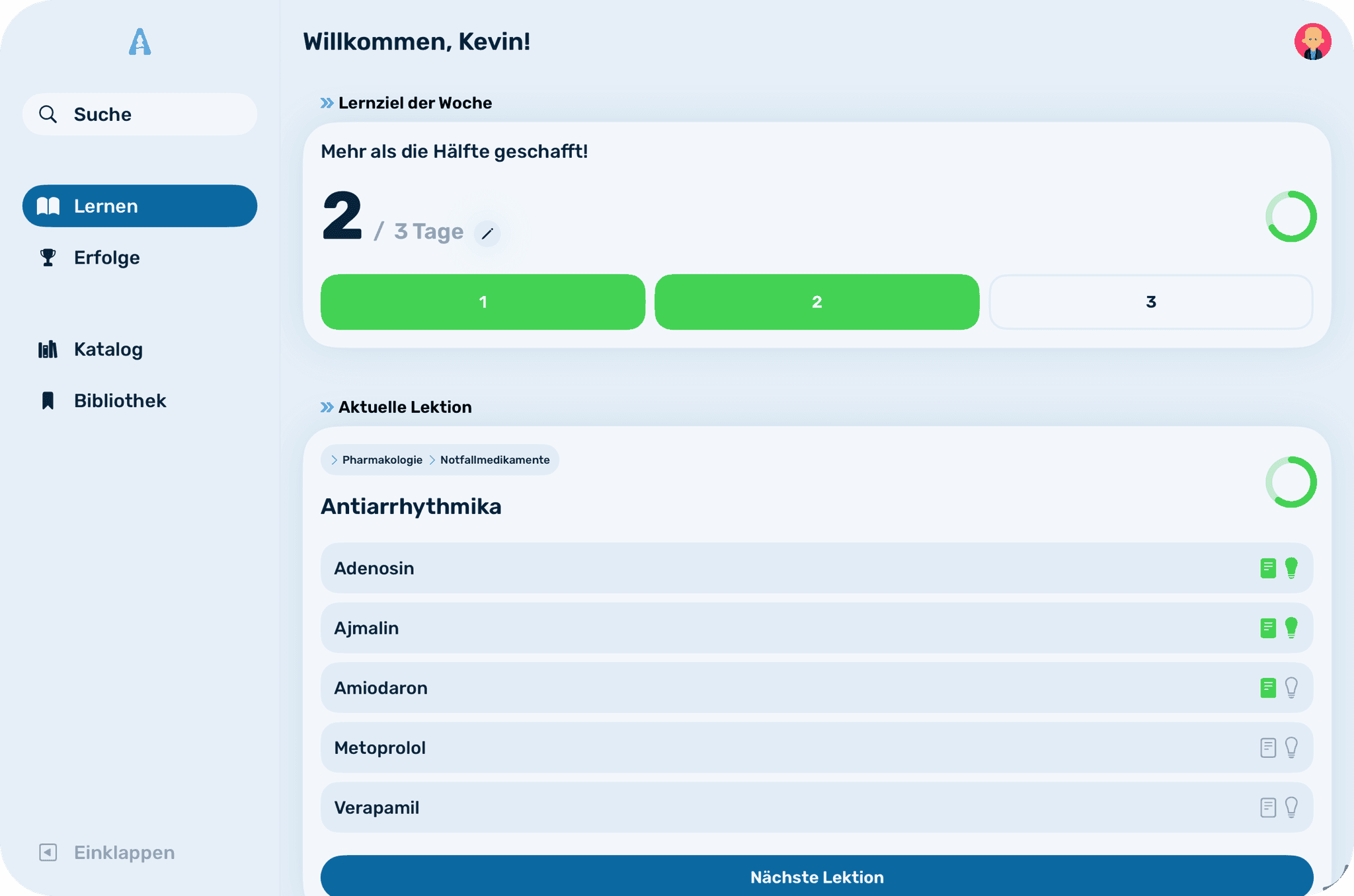 Screenshot: "Lernen"-Ansicht auf dem iPad