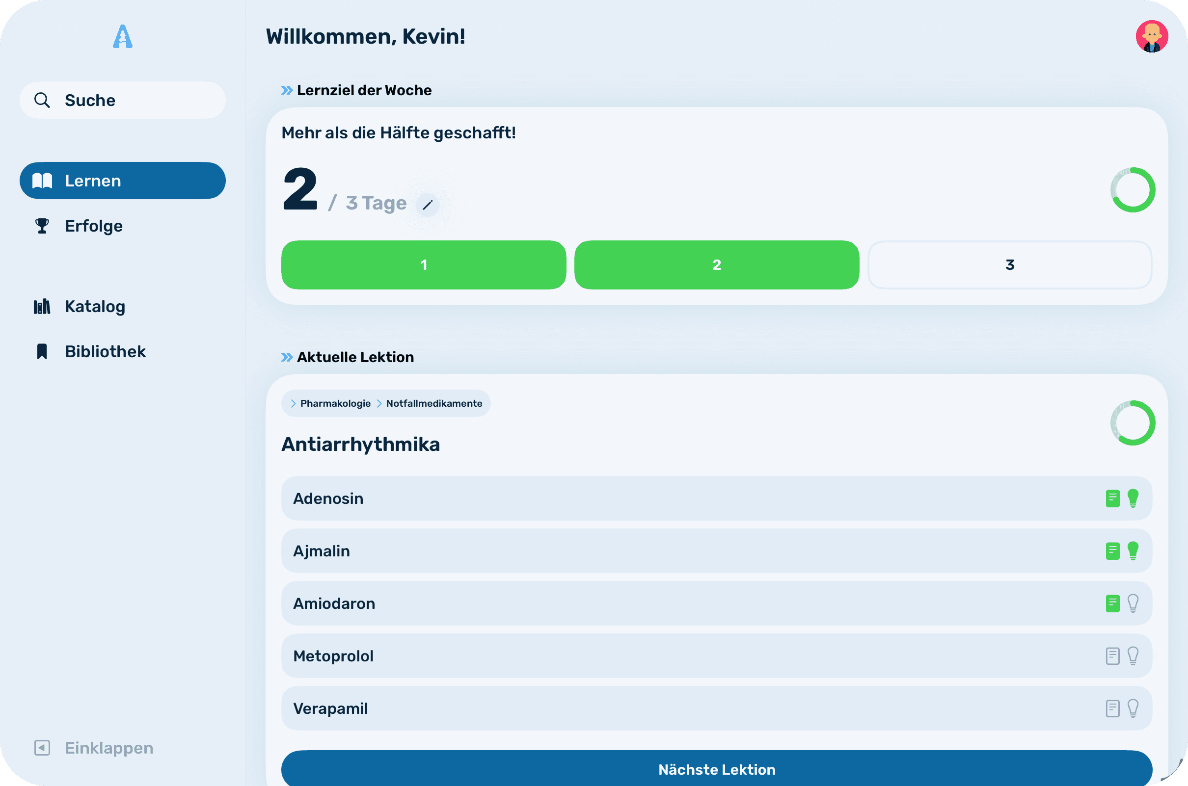 Screenshot: "Lernen"-Ansicht auf dem iPad