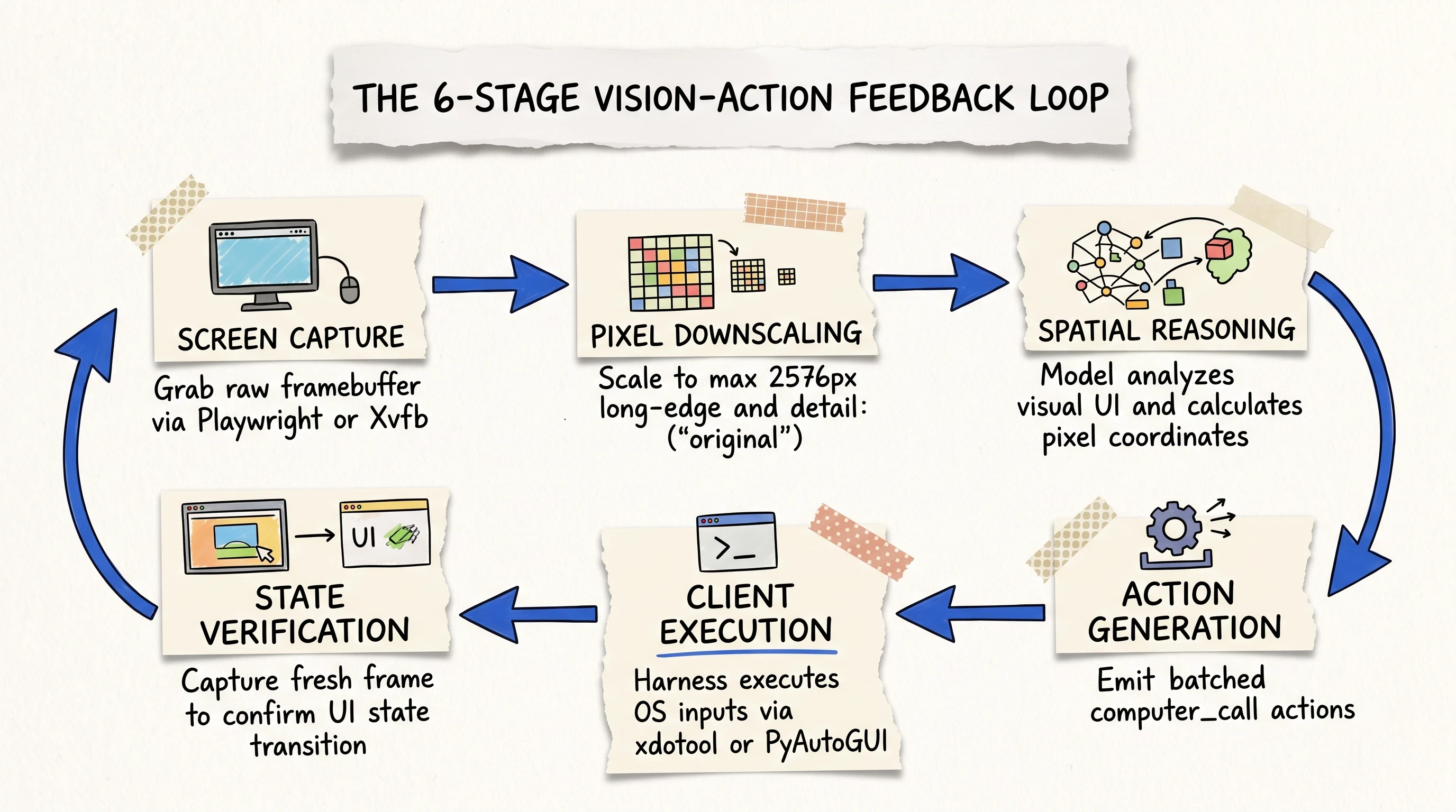 Architectural flowchart illustrating the 6 stage vision action feedback loop in GPT computer use