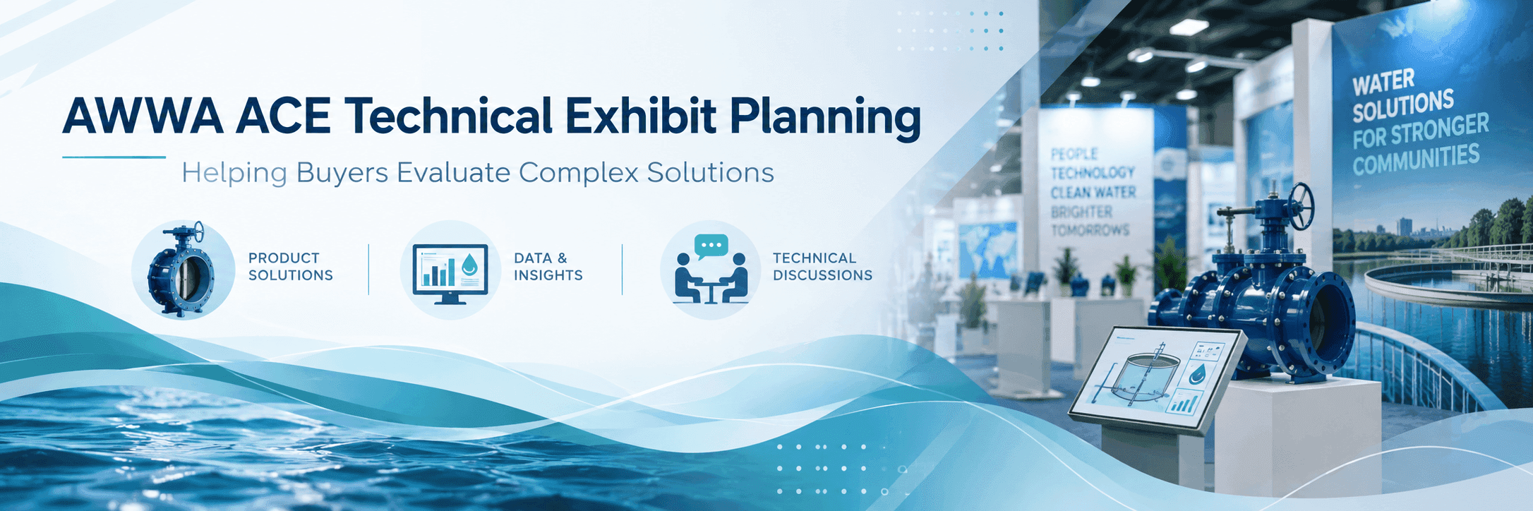 AWWA ACE technical exhibit planning banner showing water infrastructure displays, digital demonstrations, and technical discussion areas designed for utility buyer evaluation