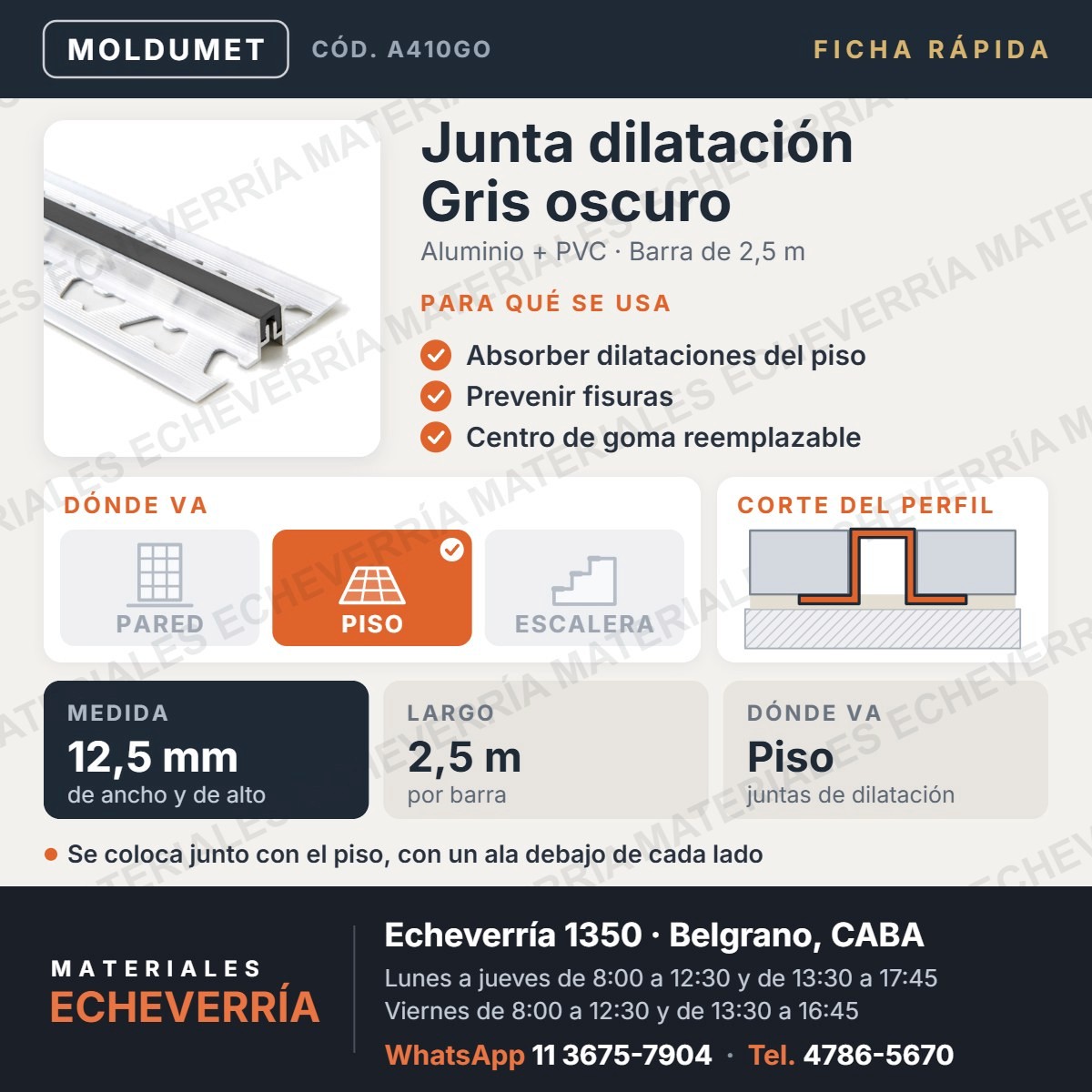 Ficha rápida de la junta de dilatación de aluminio y PVC gris oscuro de 12,5 mm: para qué sirve, medida, largo y dónde va. Materiales Echeverría, Echeverría 1350, Belgrano.