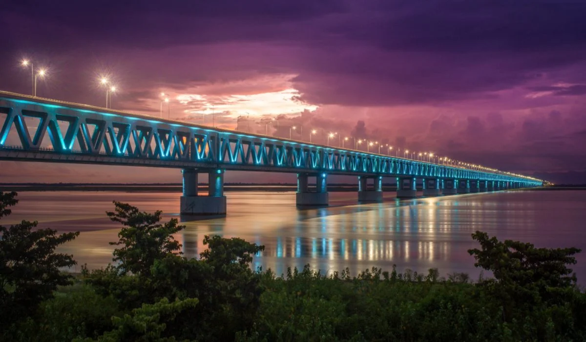 A view of Bogibeel Bridge during sunset.