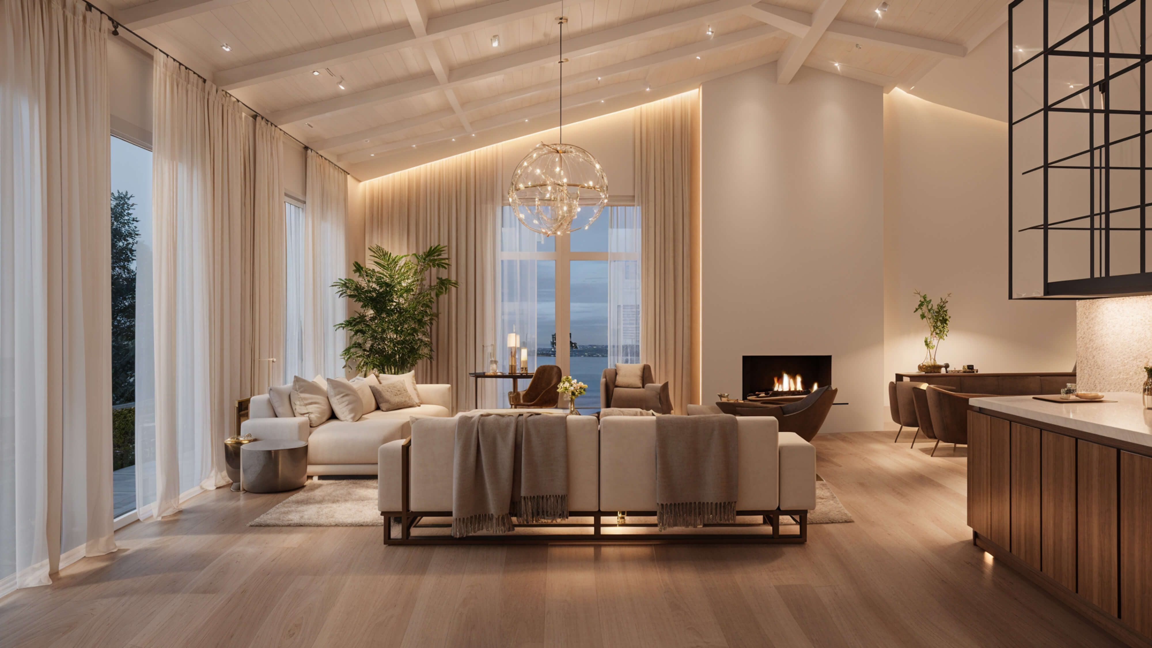 Bright open-concept living room with floor-to-ceiling windows, soft neutral furnishings, warm wood floors, and subtle lighting accents for an effortless, elegant feel.