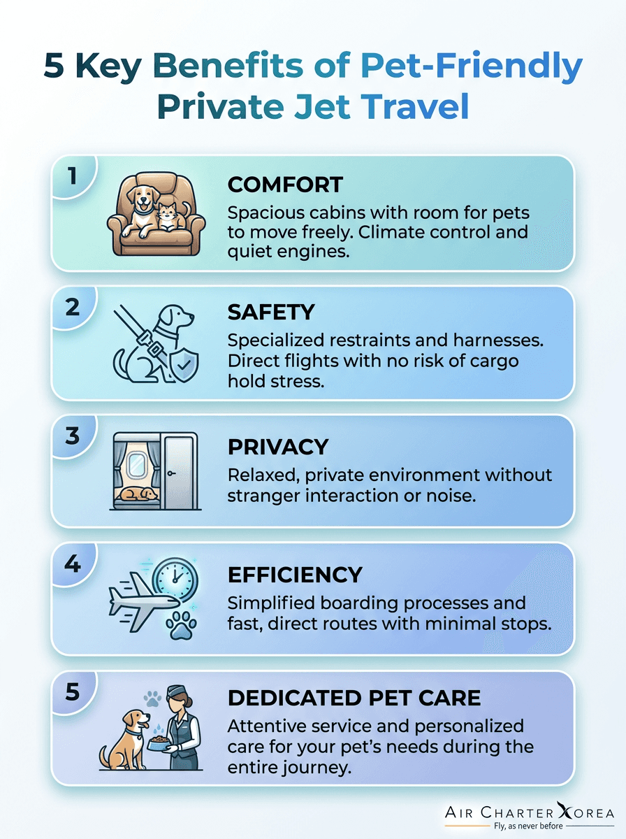 Infographic showing 5 benefits of pet-friendly private jet travel: comfort, safety, convenience, privacy, pet care.