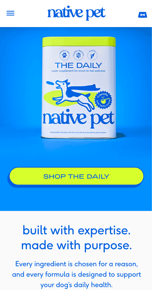 Mobile product detail page for Native Pet supplement with purchase option
