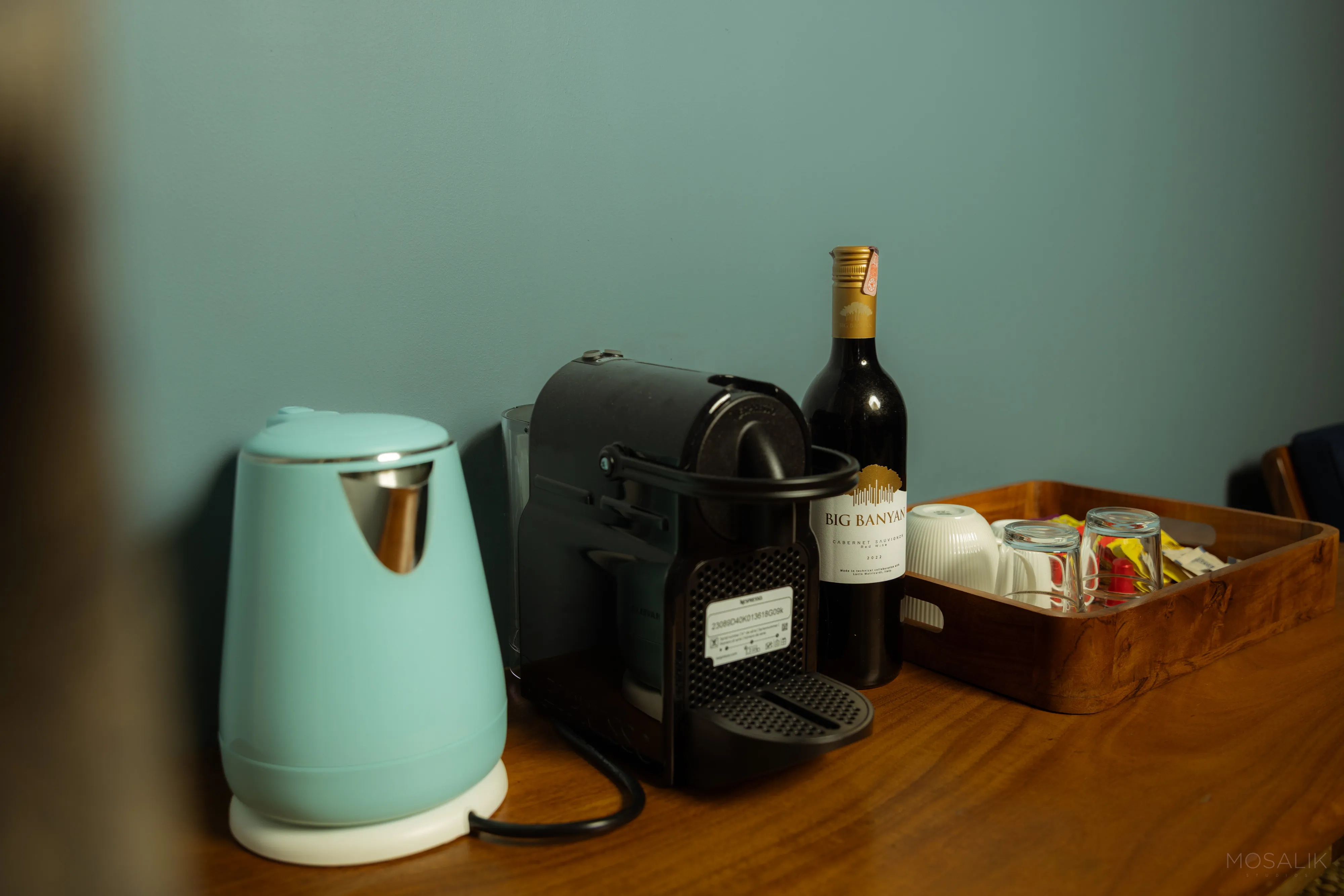 Tea, coffee and wine tray in a Jaali Blue room