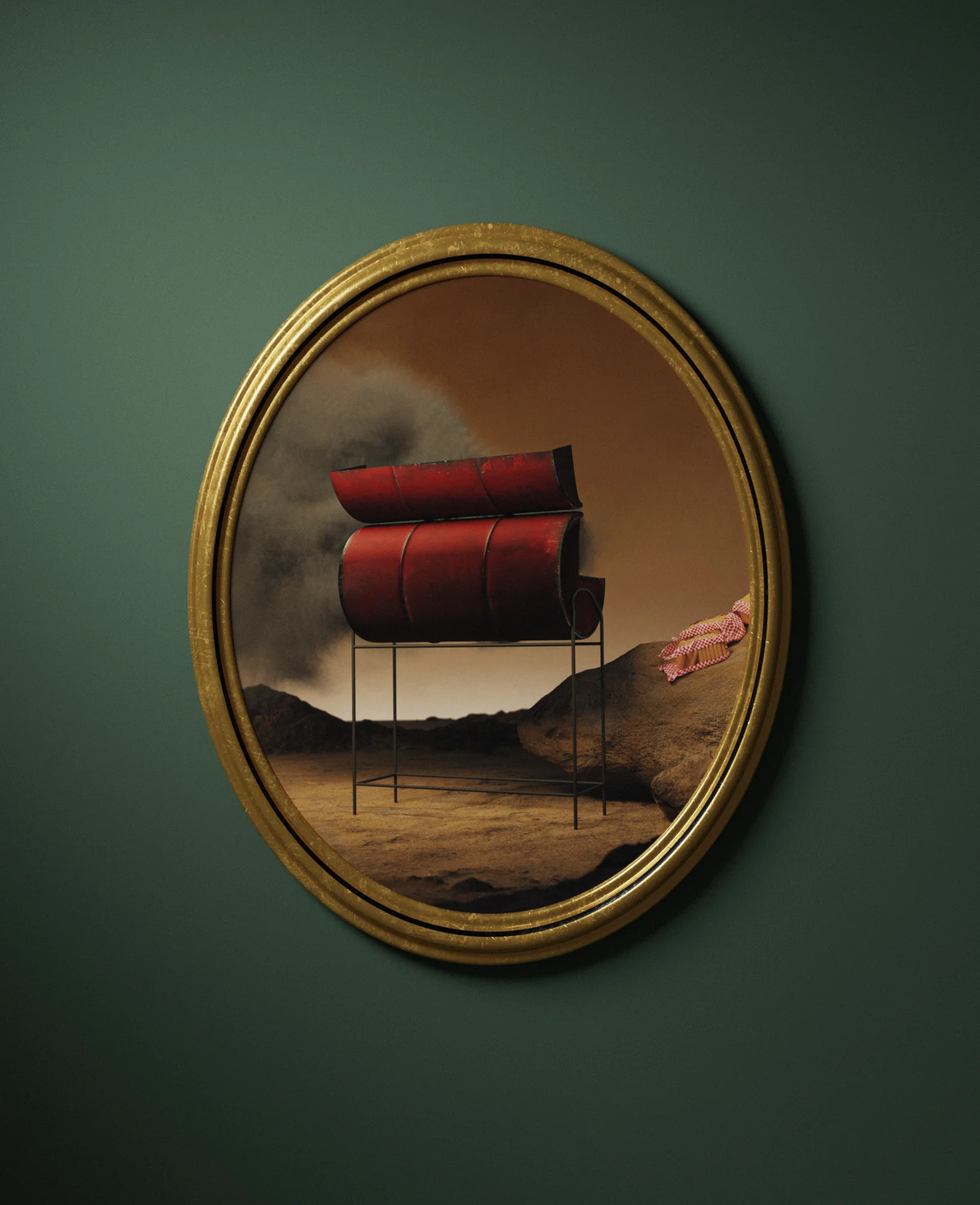 Digital 3D artwork in an ornate gold gilded frame featuring a Jamaican red jerk pan and a National Bakery bread bag balanced on a textured rock, mounted on a green museum wall.