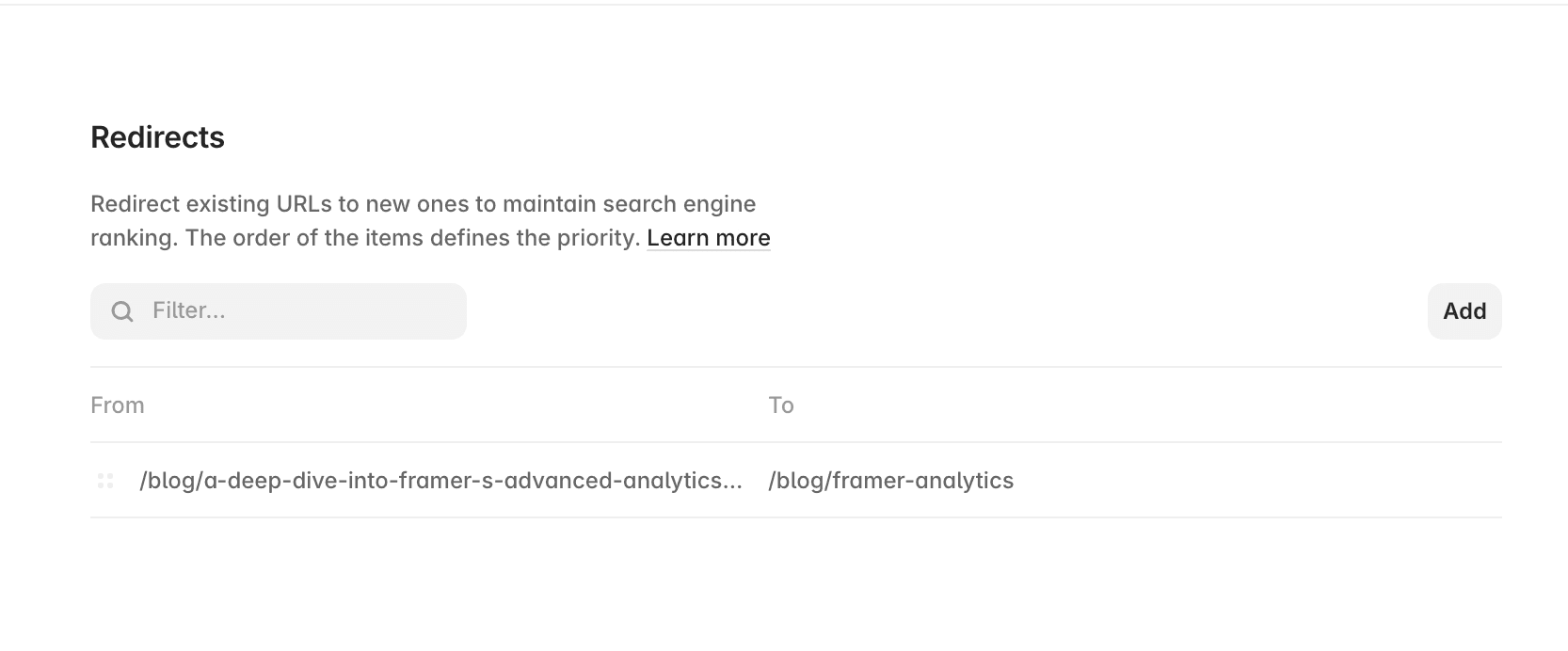 Check that the redirect appears in Site Settings before publishing the site.