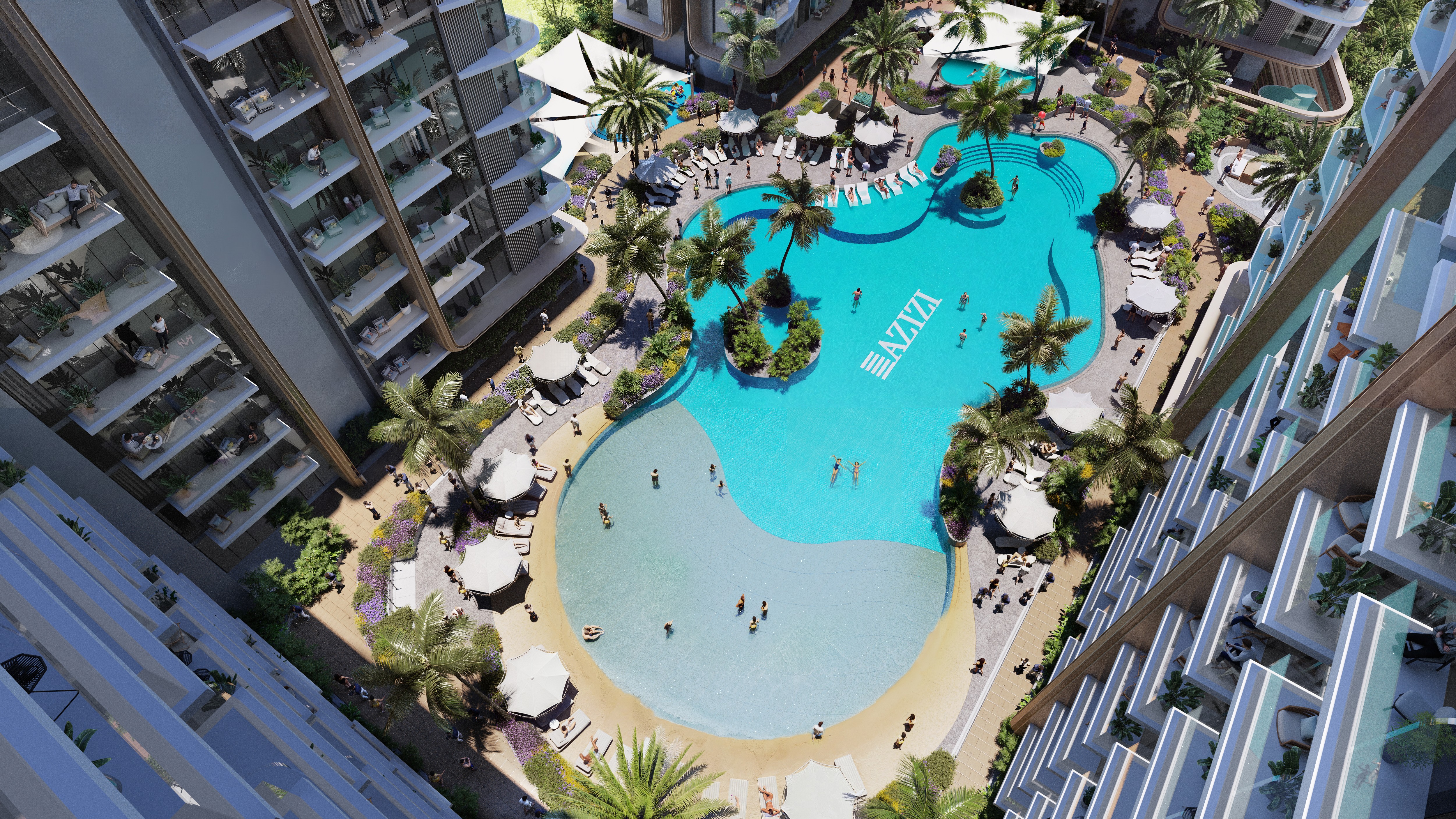 Azizi Jaddaf Beach Oasis Aerial View Swimming Pool