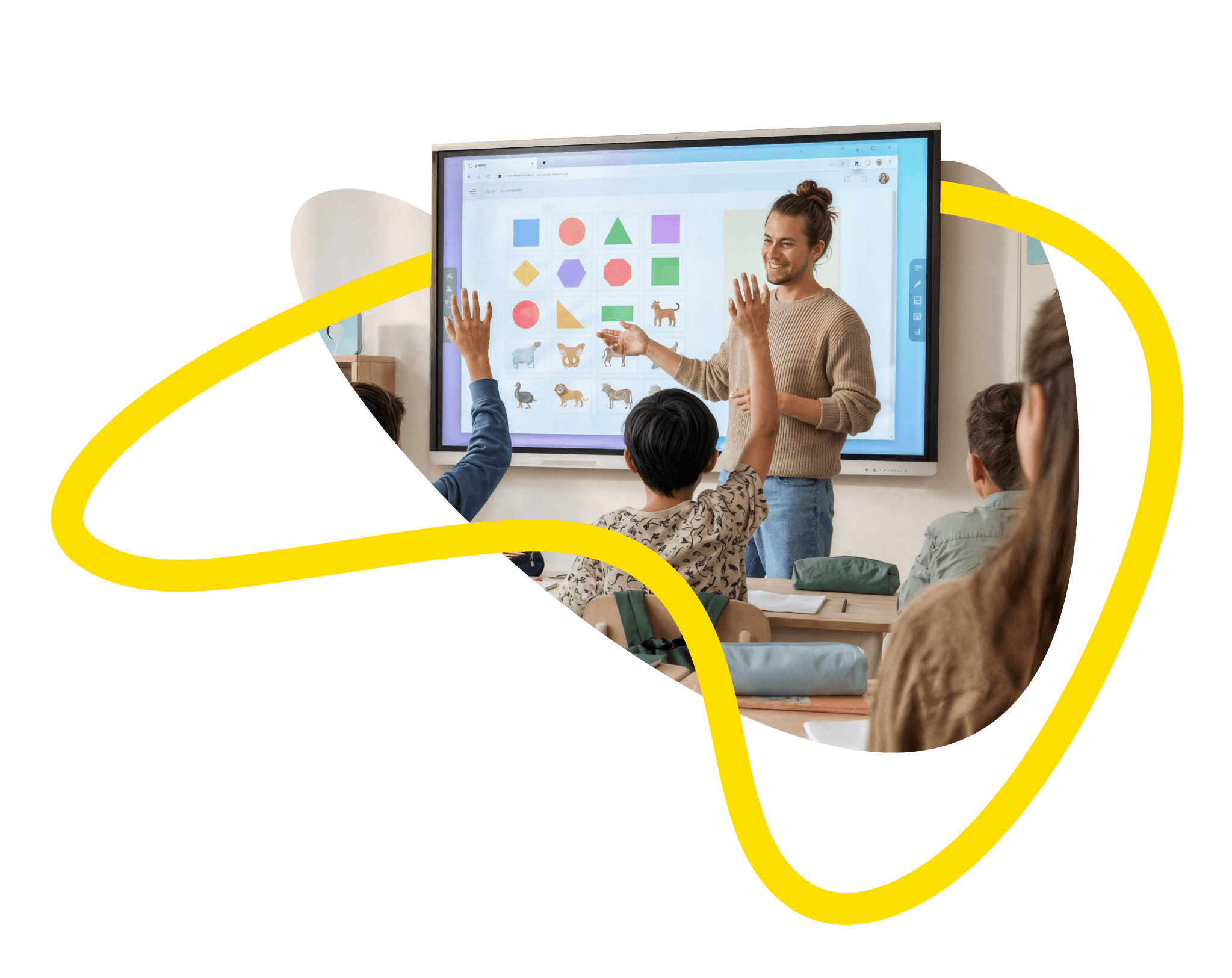 Teacher engages classroom with digital interactive display.