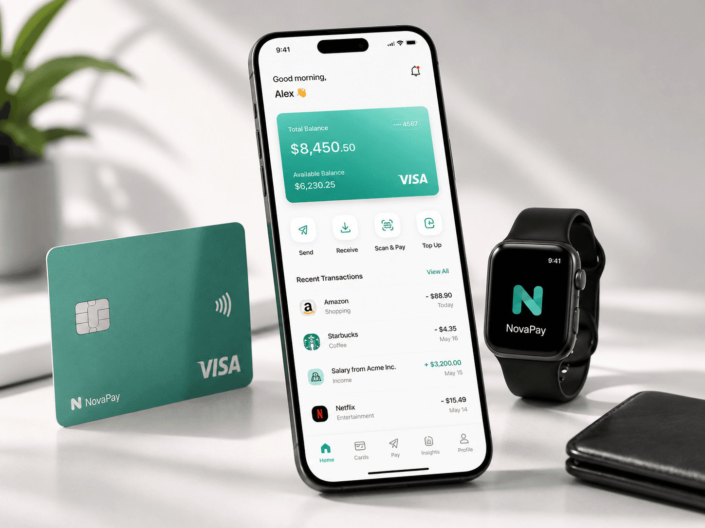 Collection of modern fintech mobile app screens showcasing digital banking features including account dashboard, virtual cards, money transfers, QR payments, transaction history, analytics, and spending insights.