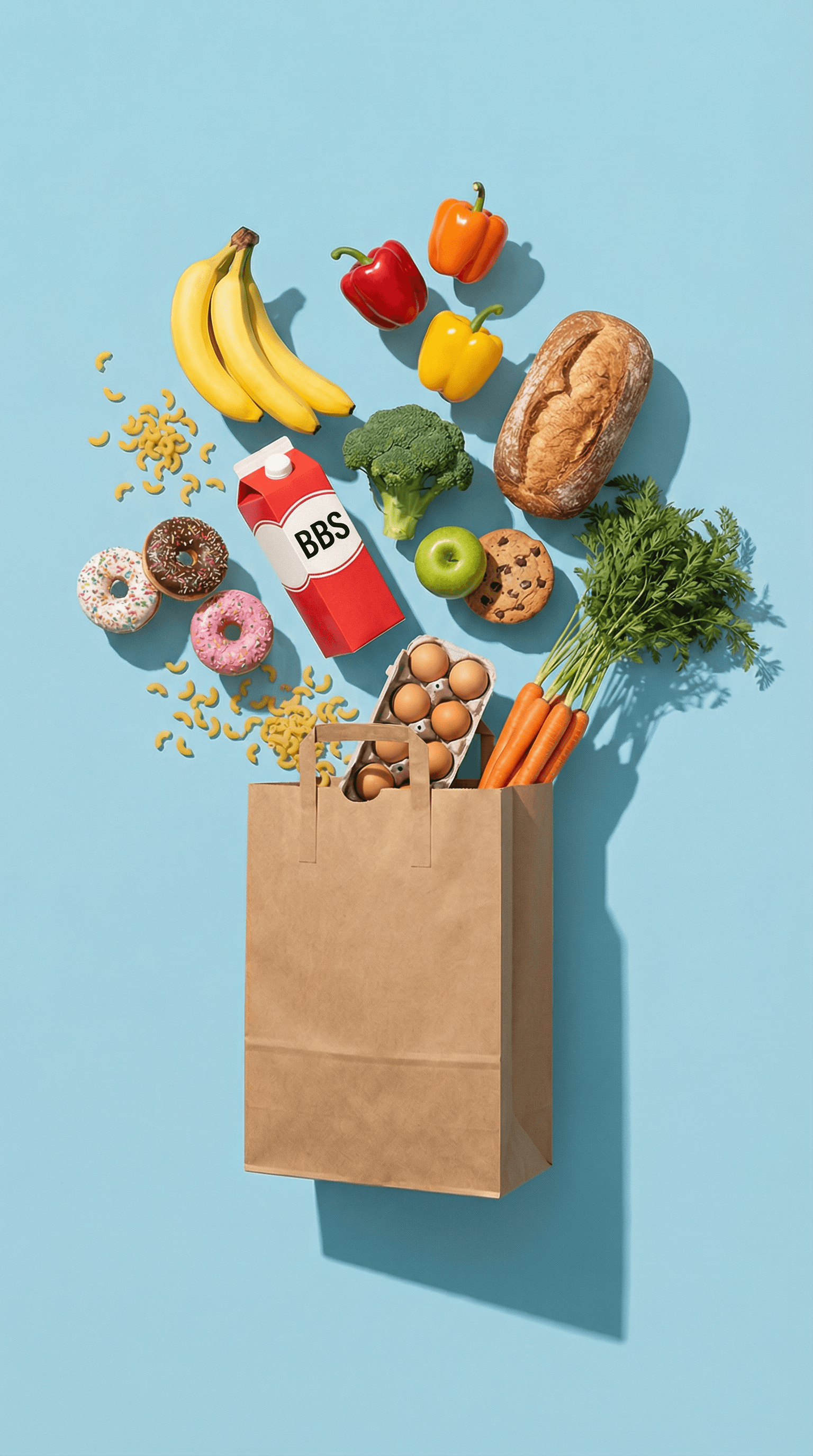 BBS branded milk carton and groceries arranged in a playful flat lay on a blue background.