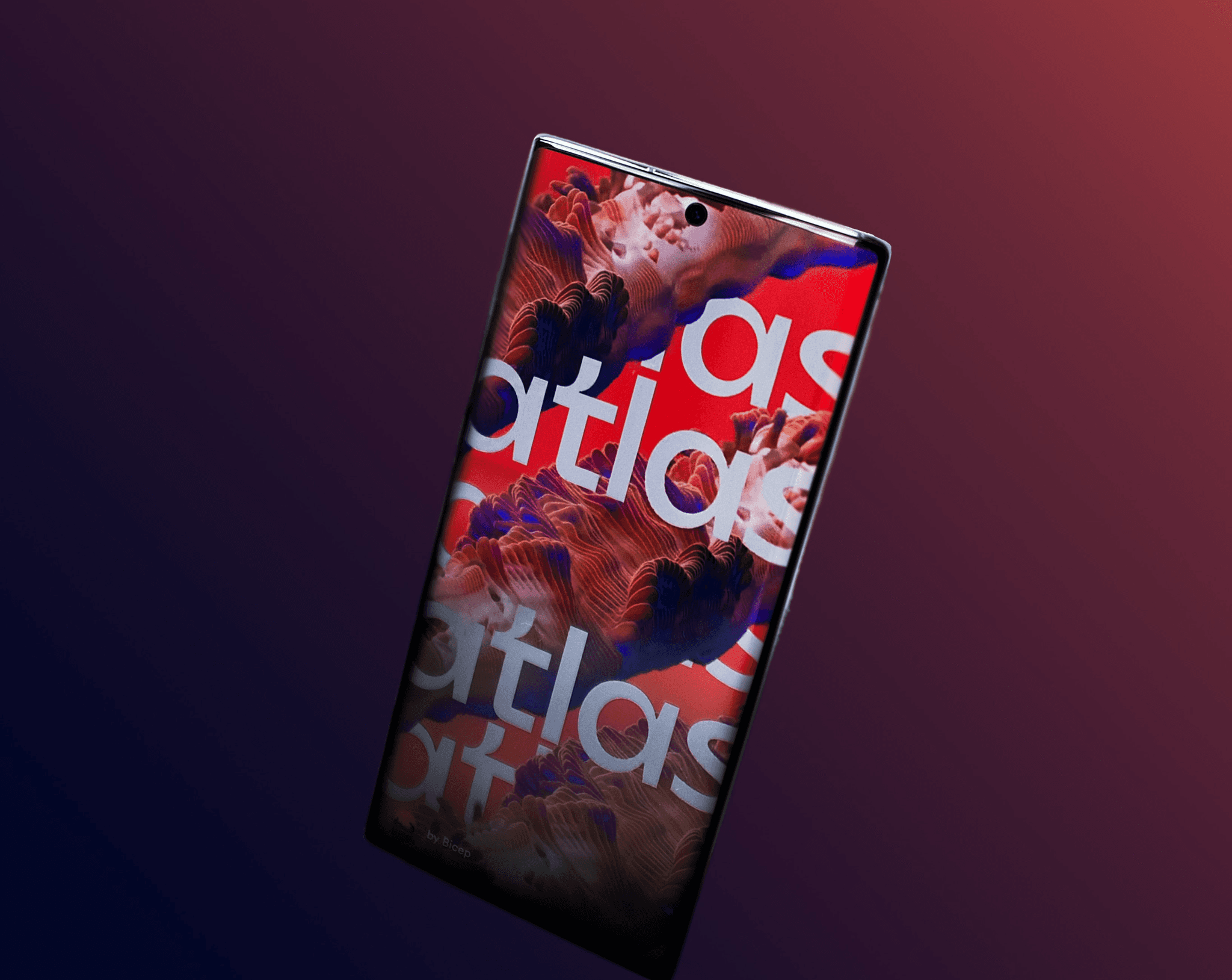 A large phone in front of a purple and blue gradient backdrop