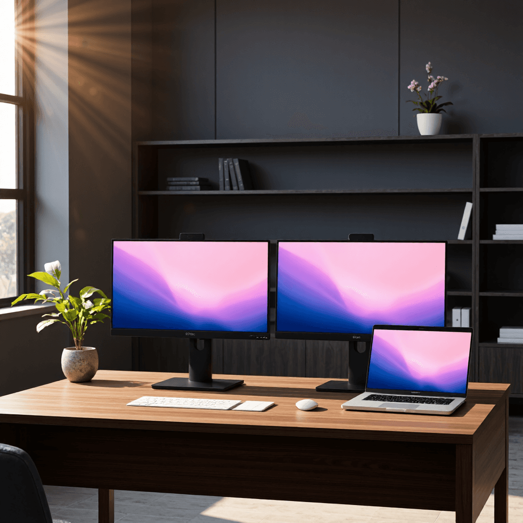 product photography of a set of computer monitors and a laptop
