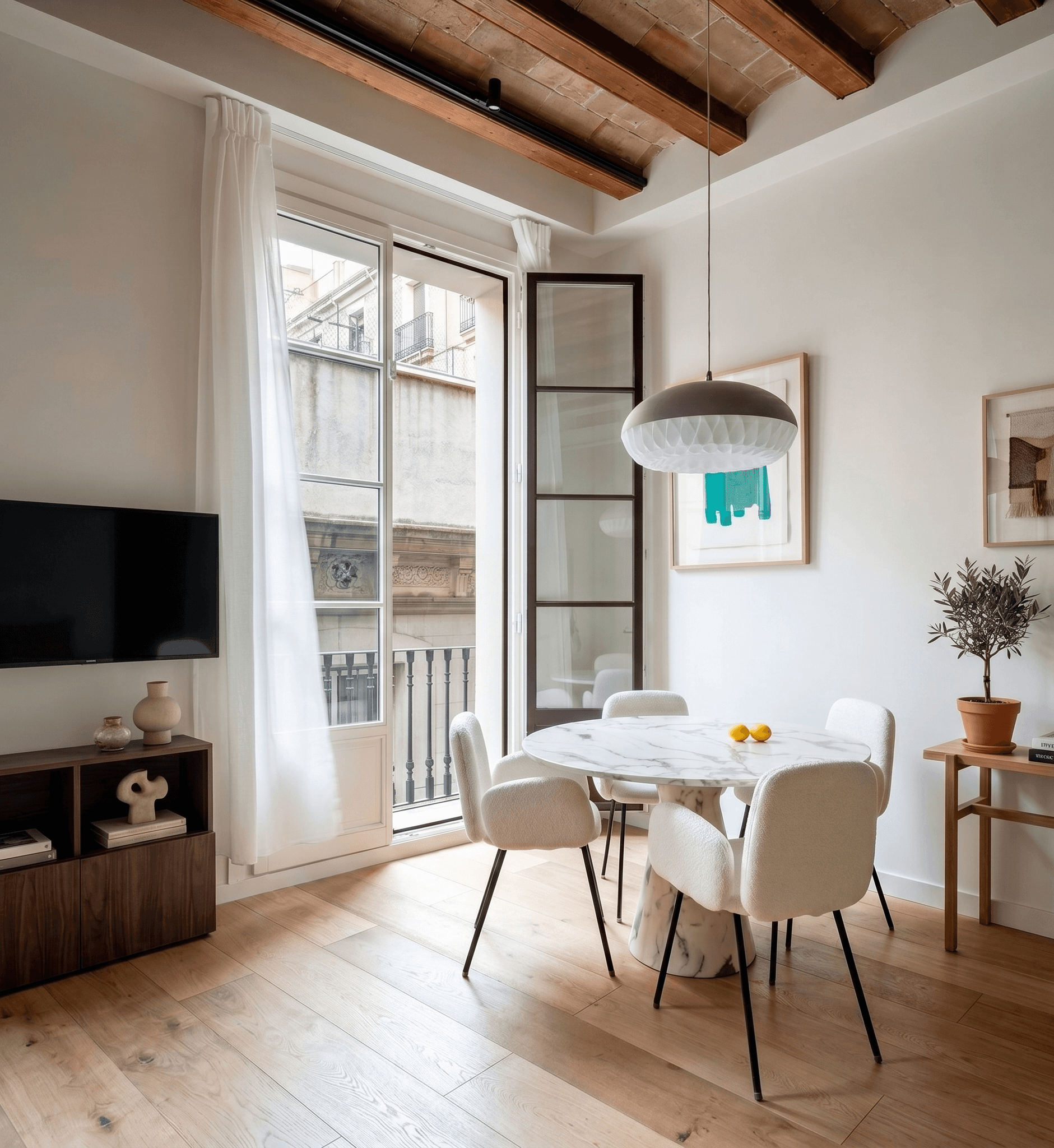 Modern dining room with marble table, cozy chairs, wooden flooring, large window, and pendant light.