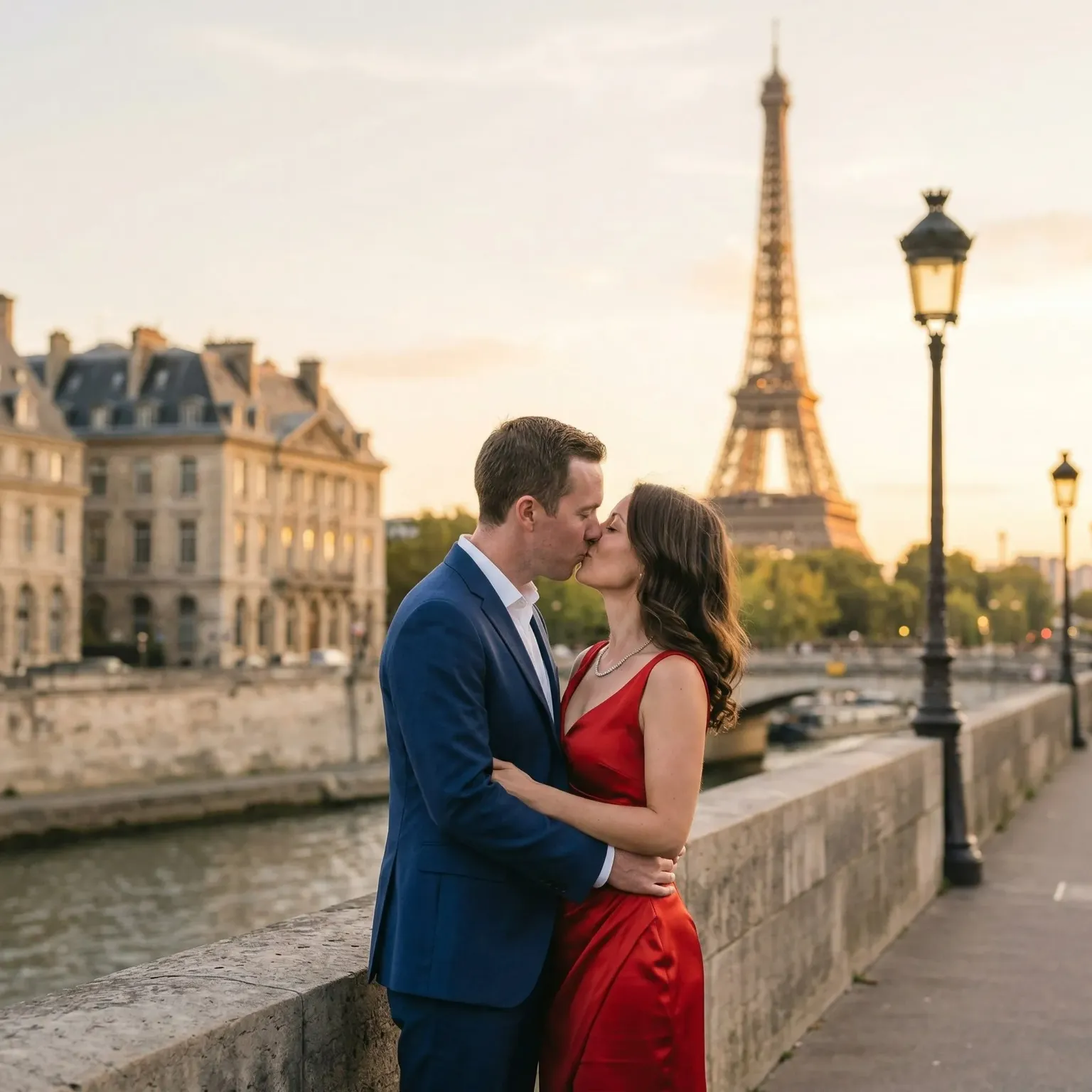 Couple kissing on a bridge in Paris with the Eiffel Tower in the background.