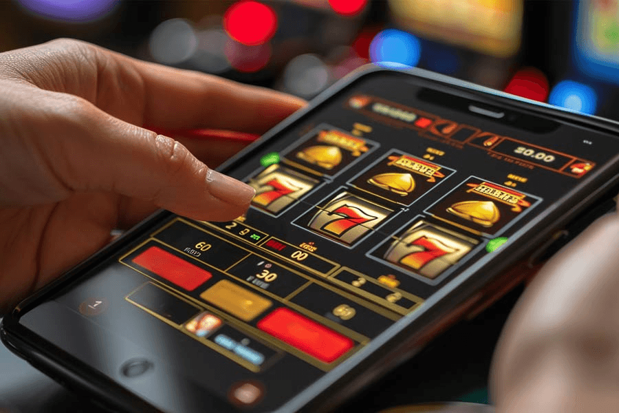 Hand an einem Online-Spielautomaten auf dem Smartphone, die Art von Glücksspiel-Händler, um die es im Skandal geht.