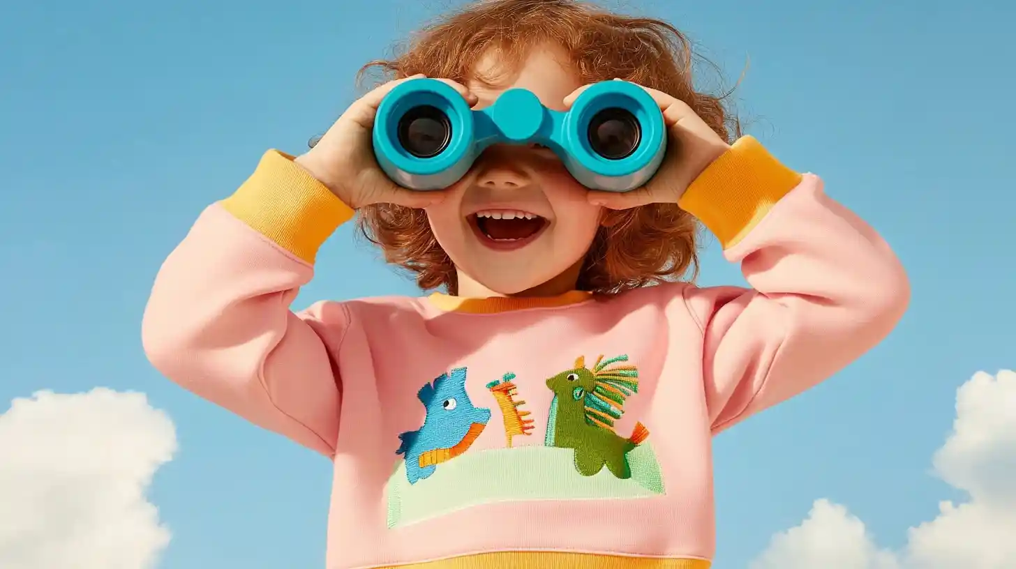 A cheerful child holding binoculars and smiling, symbolizing the thorough and detailed vetting process at United Nannies