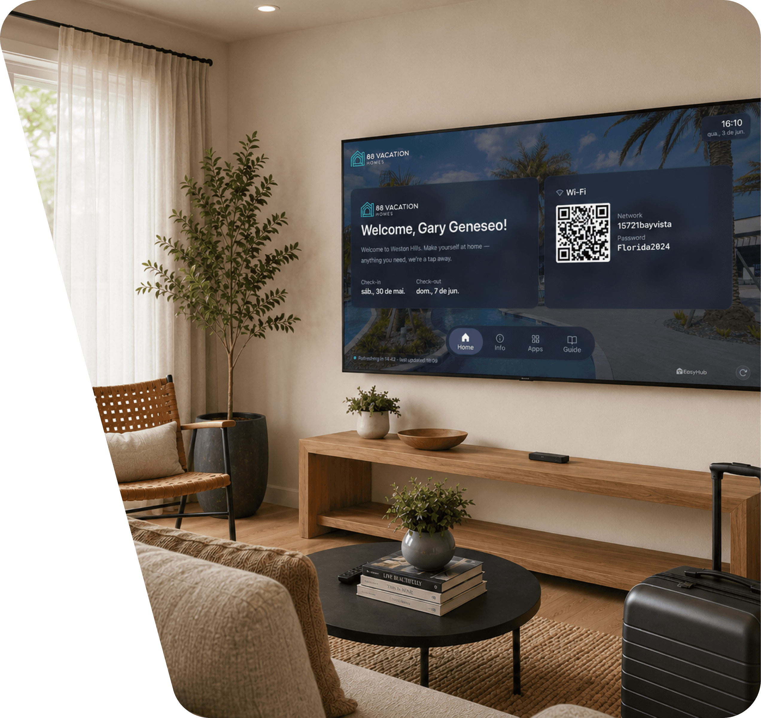 Smart TV welcome screen in a vacation rental living room, showing guest information, Wi-Fi details, QR code, and EasyHub interface.