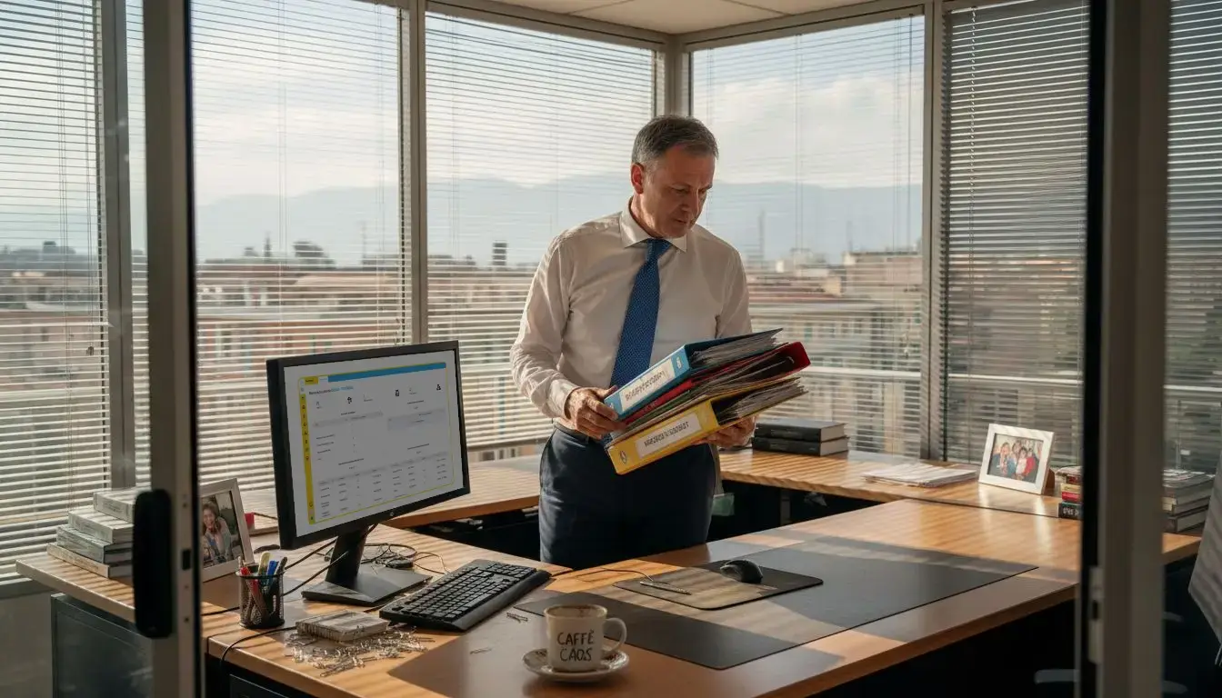 Un manager intento a esaminare dei fascicoli sulla sua scrivania piena di carte e documenti sparsi.
