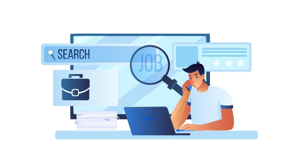 Illustration of a person searching for jobs on a laptop, with a large screen displaying icons for job listings, ratings, and a magnifying glass over the word “JOB”.