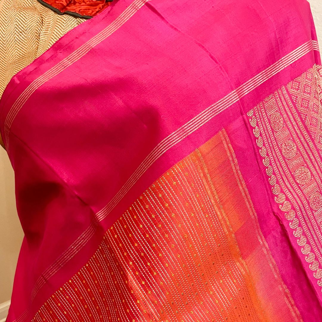 Crimson Orange and Pink Kanchivaram Silk Saree