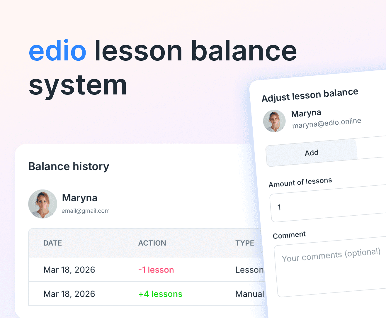 Screenshot of edio's lesson balance system showing a balance history table and the adjust lesson balance modal with add and deduct options.
