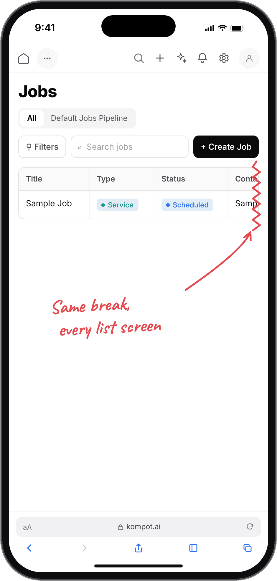 Mobile jobs page before the redesign, annotated: the same break on every list screen