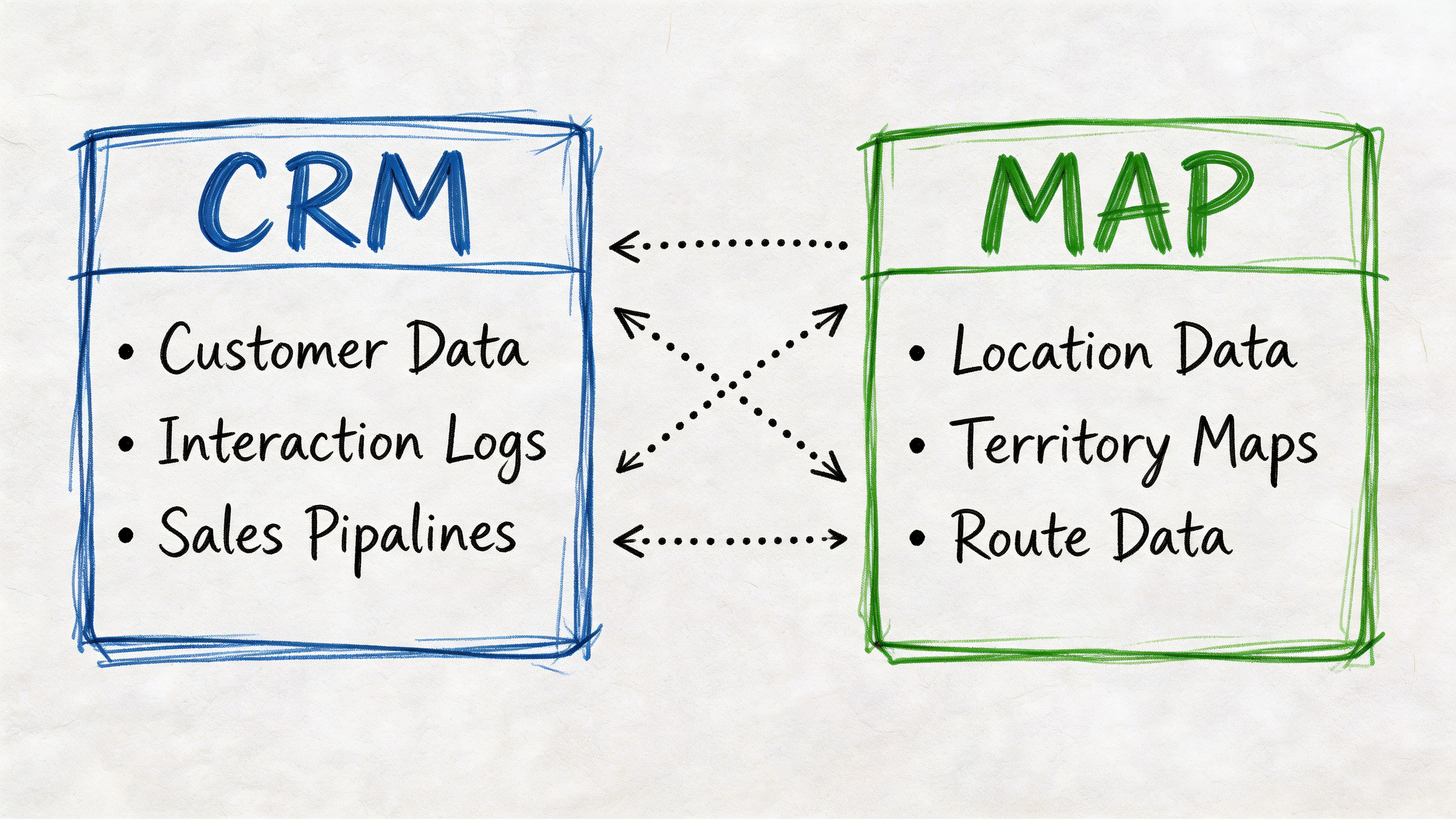 A hand-drawn diagram illustrating the bidirectional integration between CRM systems and mapping software data.