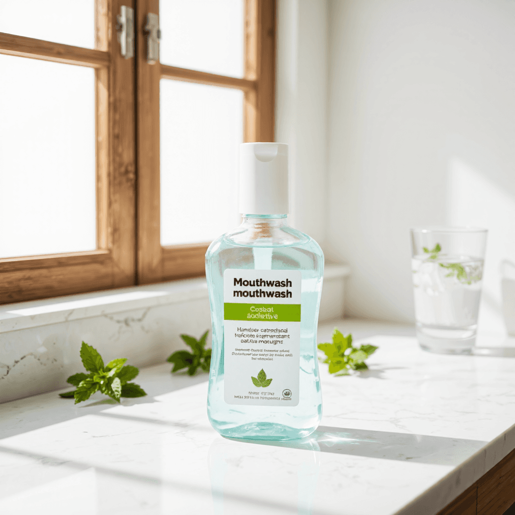 product photography of a bottle of mouthwash for oral hygiene