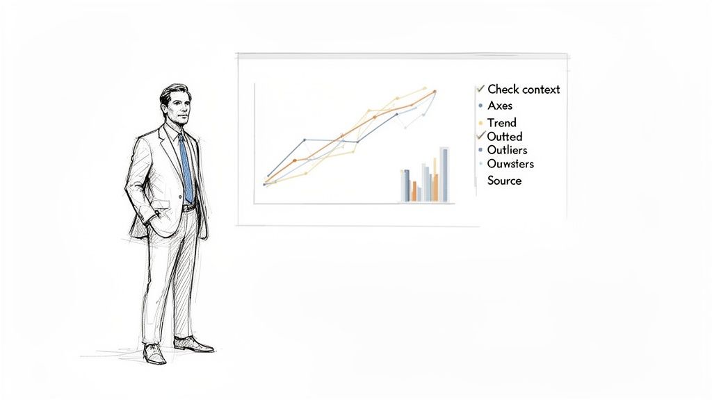 A man in a suit stands by a whiteboard showing charts and a data analysis checklist.