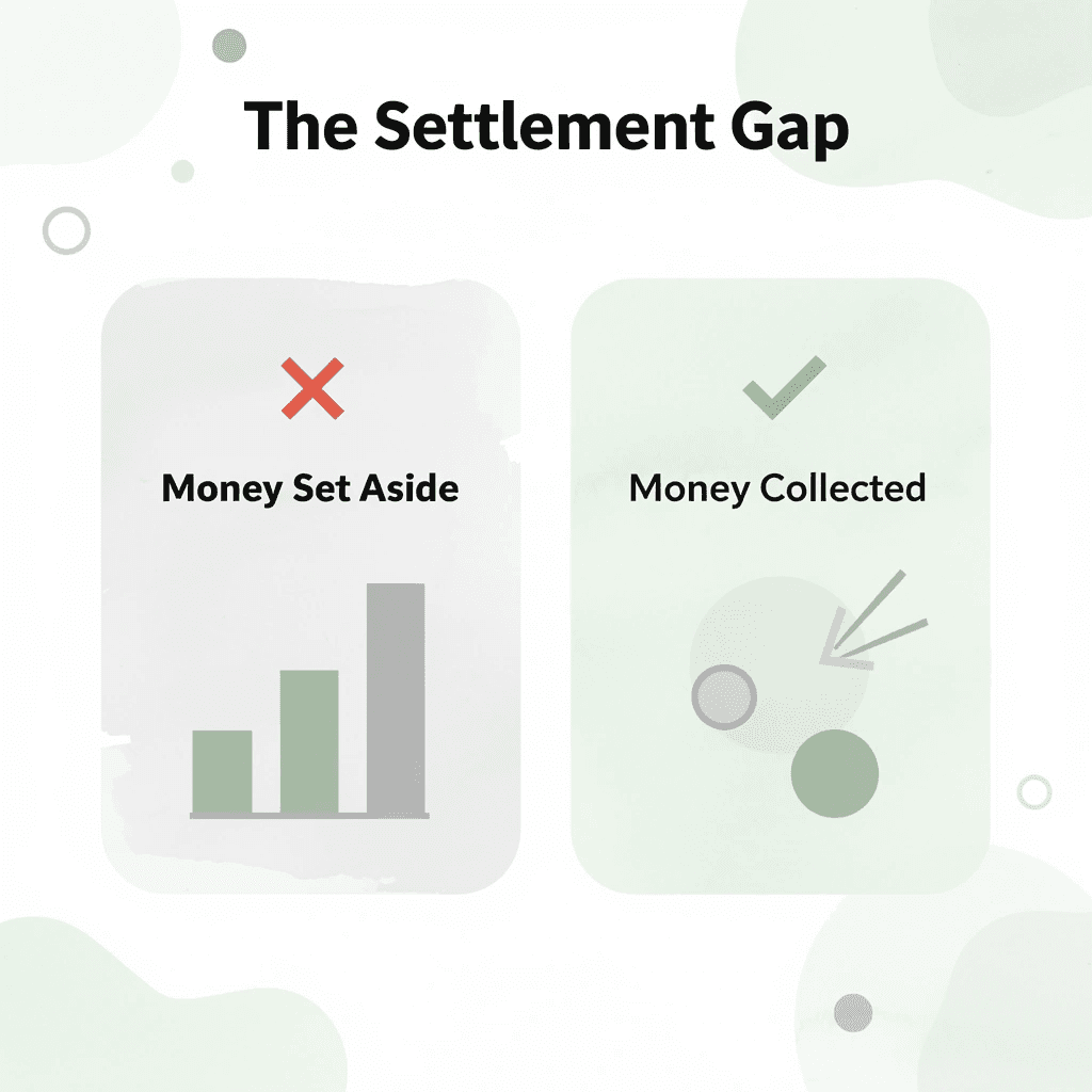Before and after showing the gap between settlement money set aside versus actually collected
