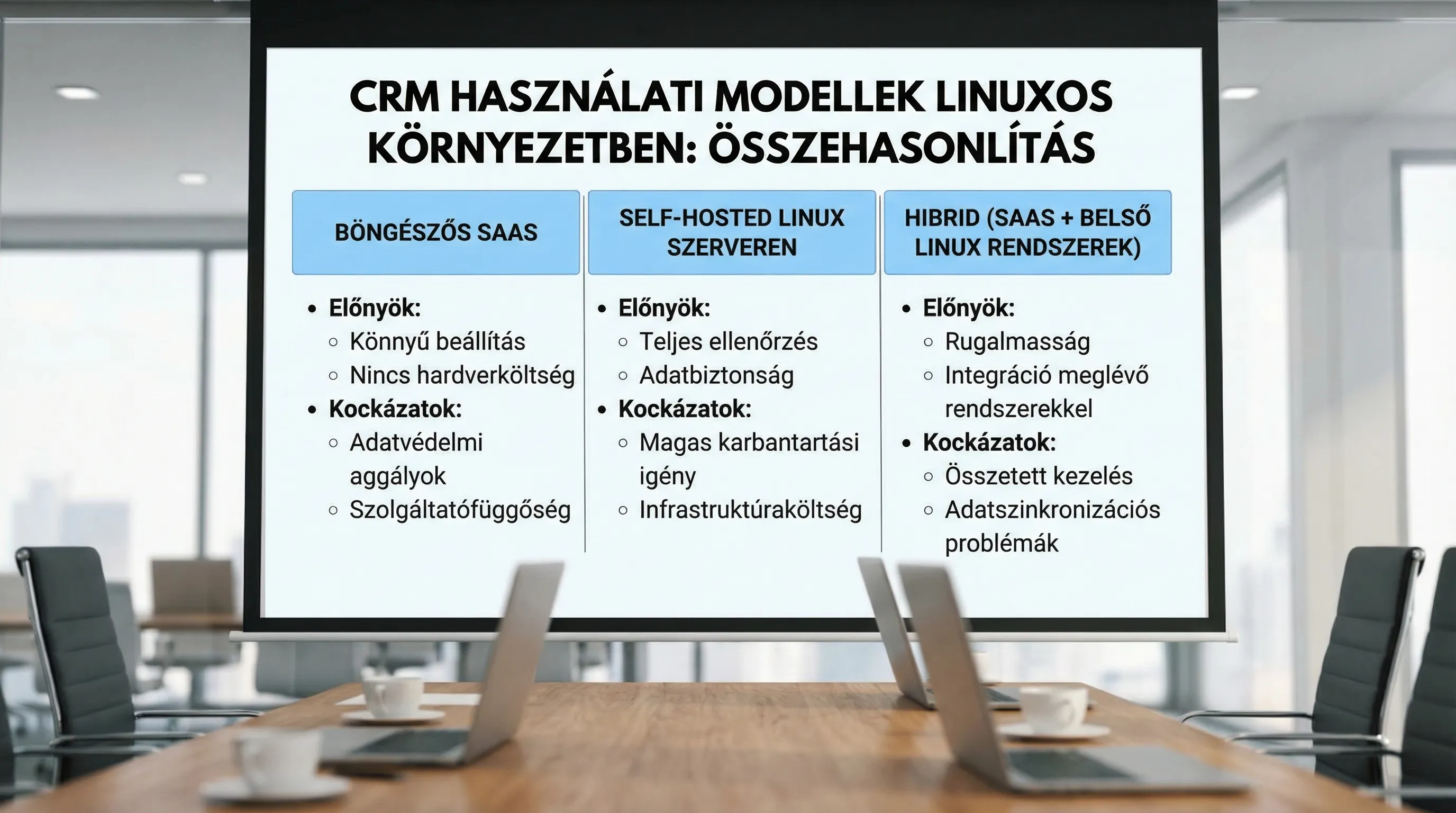 Egyszerű összehasonlító ábra három oszlopban a CRM használati modellekről Linuxos környezetben: Böngészős SaaS, Self-hosted Linux szerveren, Hibrid (SaaS + belső Linux rendszerek). Minden oszlopban 3-4 rövid pont a fő előnyökről és kockázatokról.