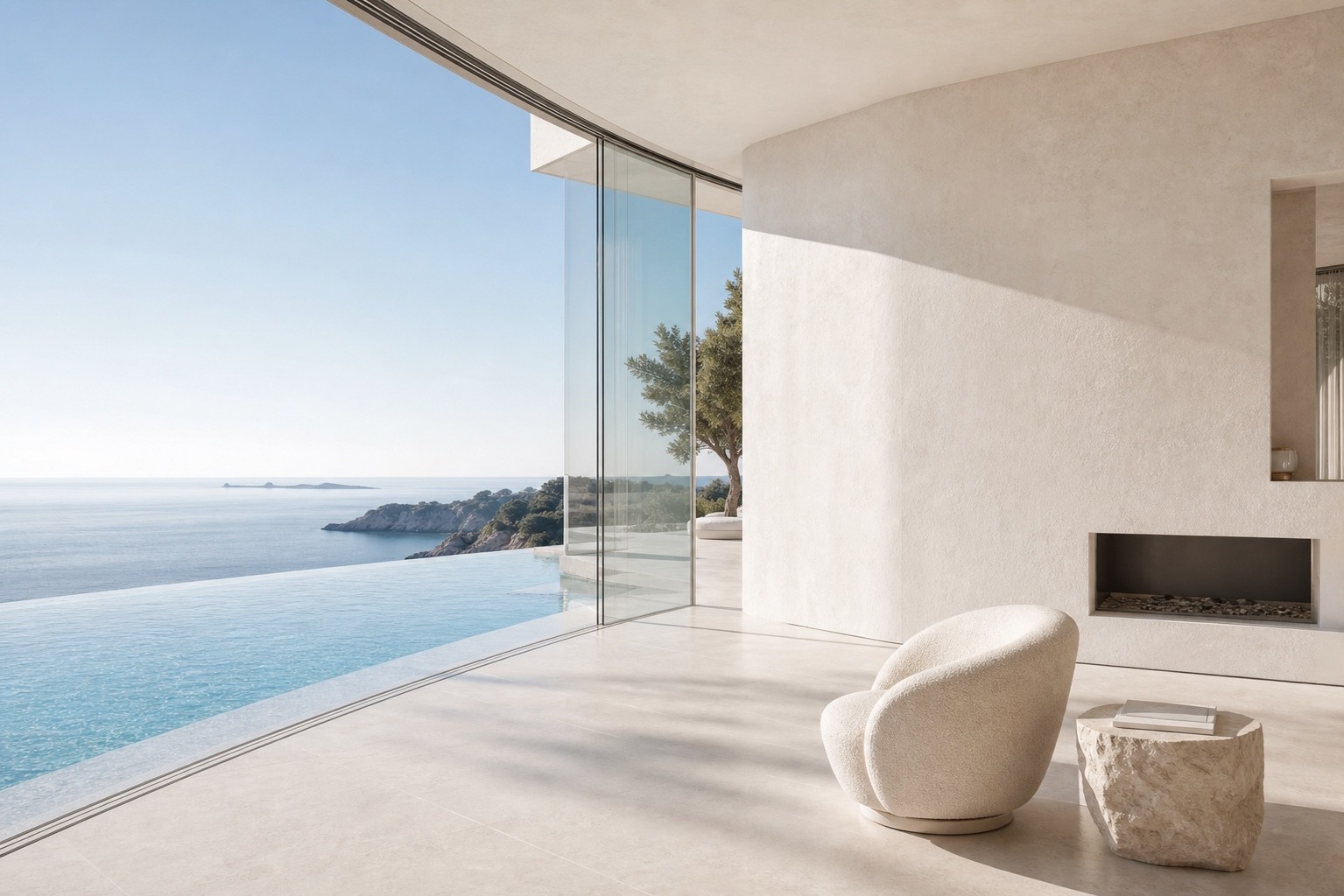 Minimal Mediterranean villa interior overlooking the sea