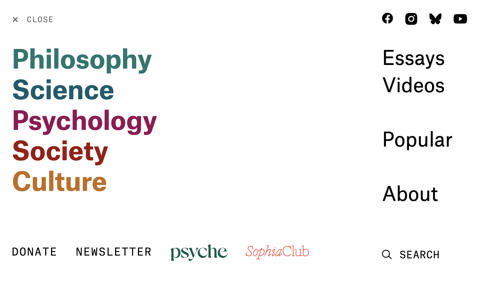 Screenshot of Aeon’s full-screen navigation menu with large colored links for Philosophy, Science, Psychology, Society, and Culture, and secondary links like Essays, Videos, Popular, and About.