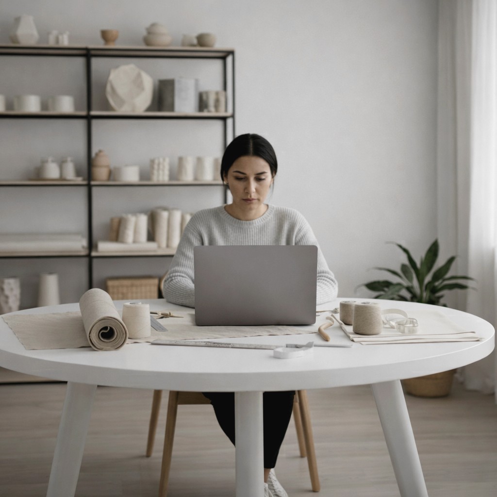 A woman with dark hair tied back sits at a white circular table, working on a laptop. Tools like fabric rolls and thread are spread before her against a backdrop of minimalist shelving.