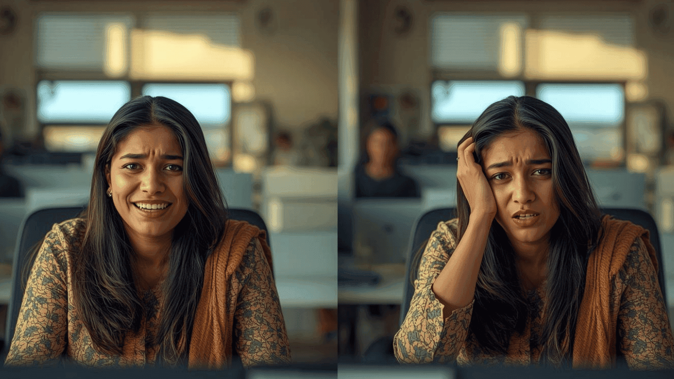 Person in an office or work place looking stressed out, burnout but funny and a realistic setting in South African style with natural light and construct. here must be two people but the same person, one happy and one burnedout.