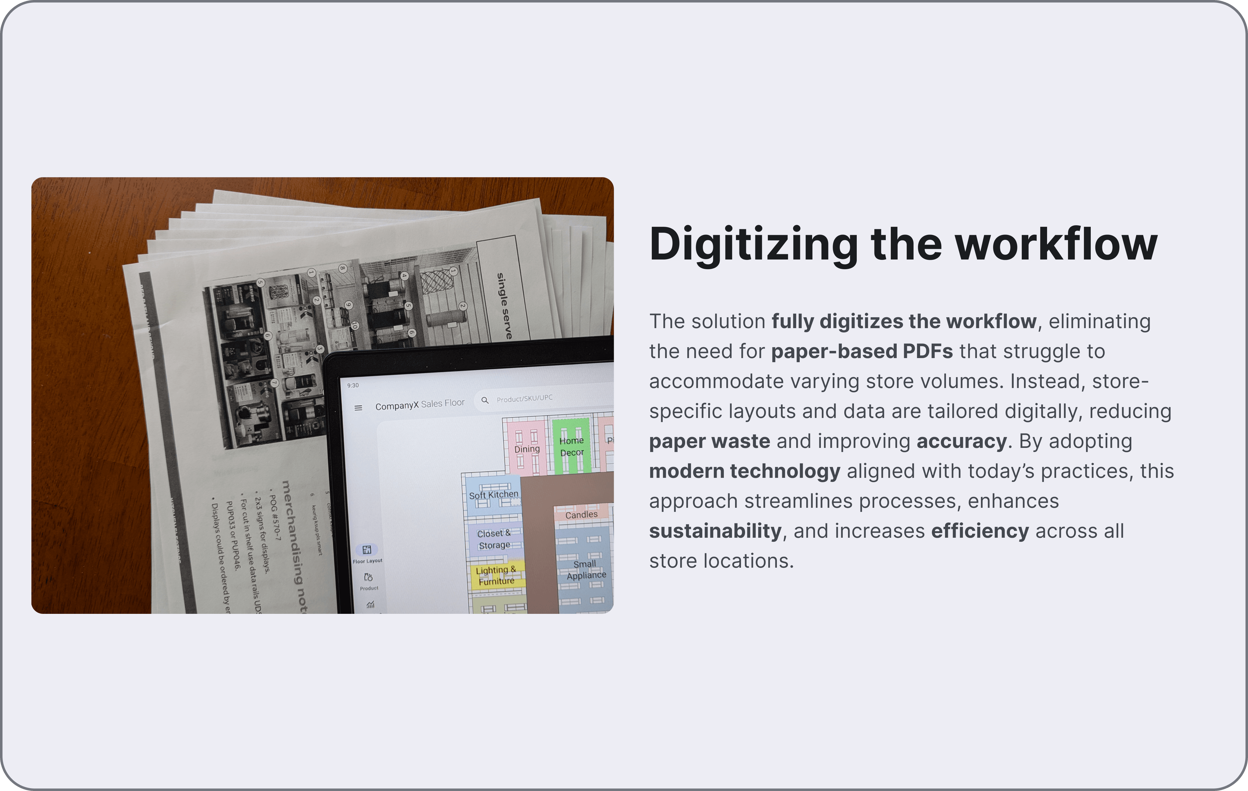 A tablet displaying a digital store floor plan layout resting on top of a stack of printed paper planograms to illustrate workflow digitization.