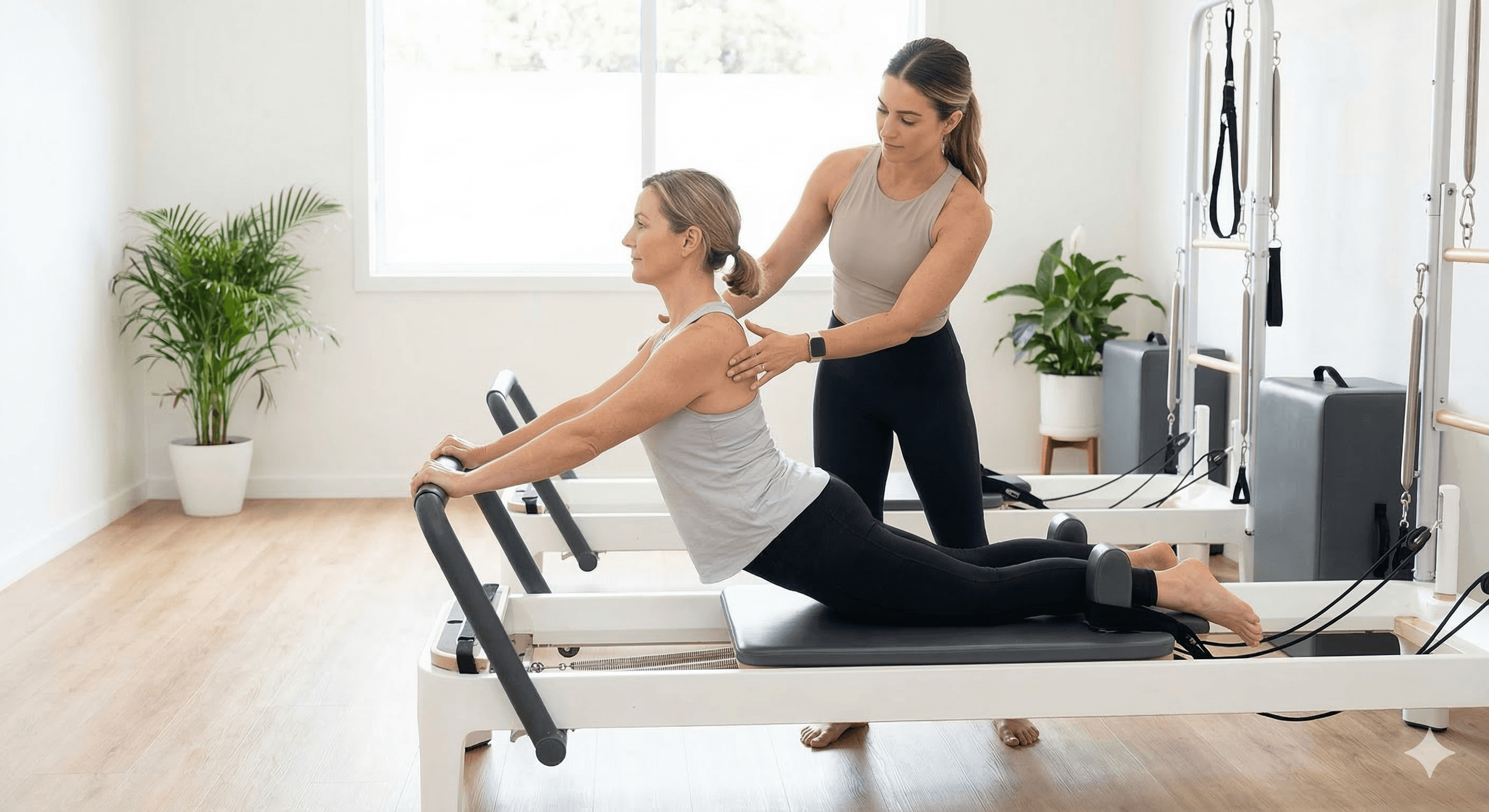 Insegnante di Pilates Pavia che corregge la postura di un'allieva durante un esercizio sul Reformer per prevenire il mal di schiena.