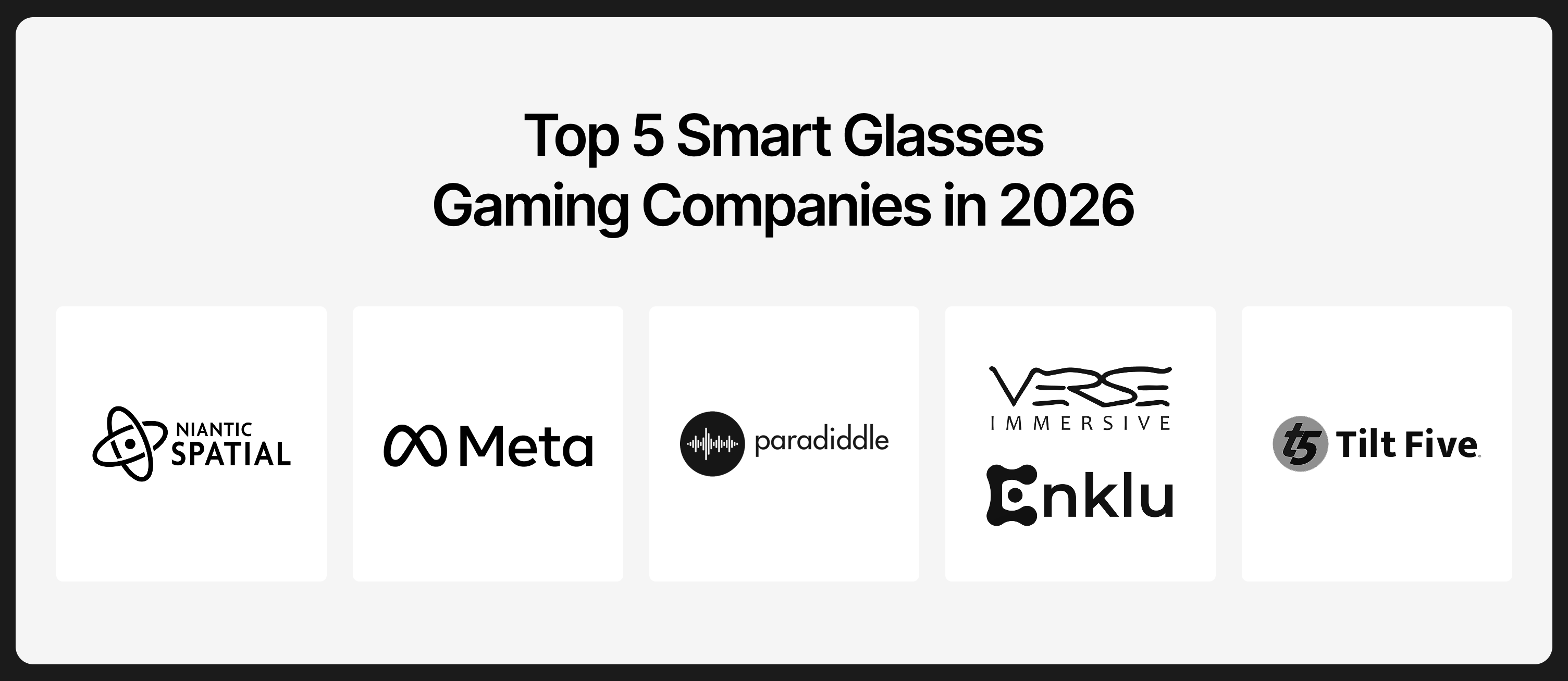 Infographic listing the top 5 smart glasses gaming companies in 2026: Niantic Spatial, Meta, Paradiddle, Verse Immersive and Enklu (combined card), and Tilt Five, each shown with their logo