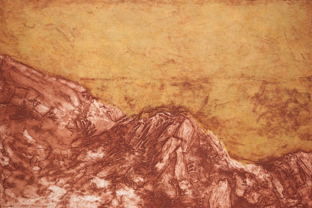 collagraph with chin cole of a mountain scene