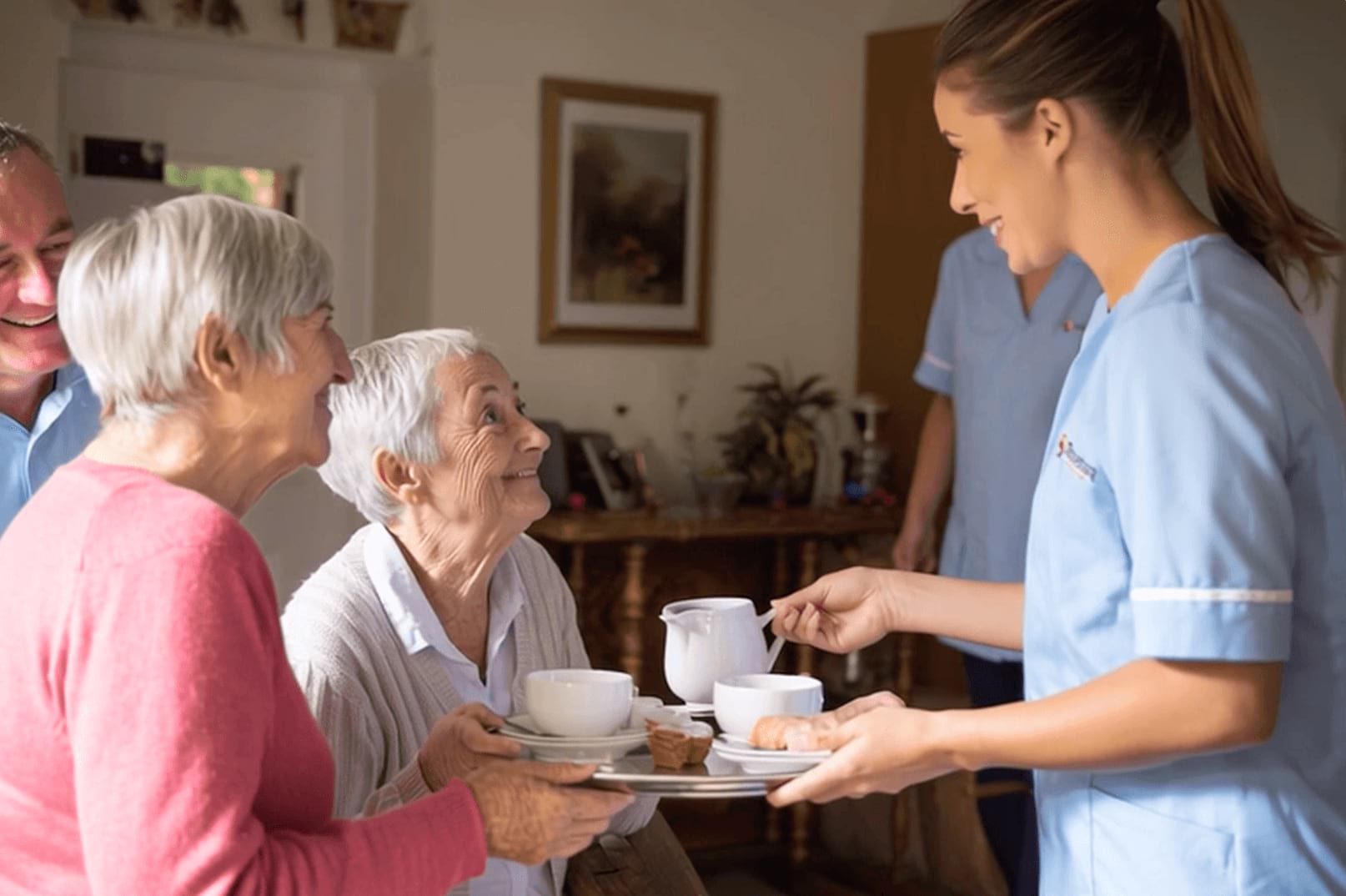 A caregiver serves tea to two elderly women in a cozy, homey setting filled with warm lighting.