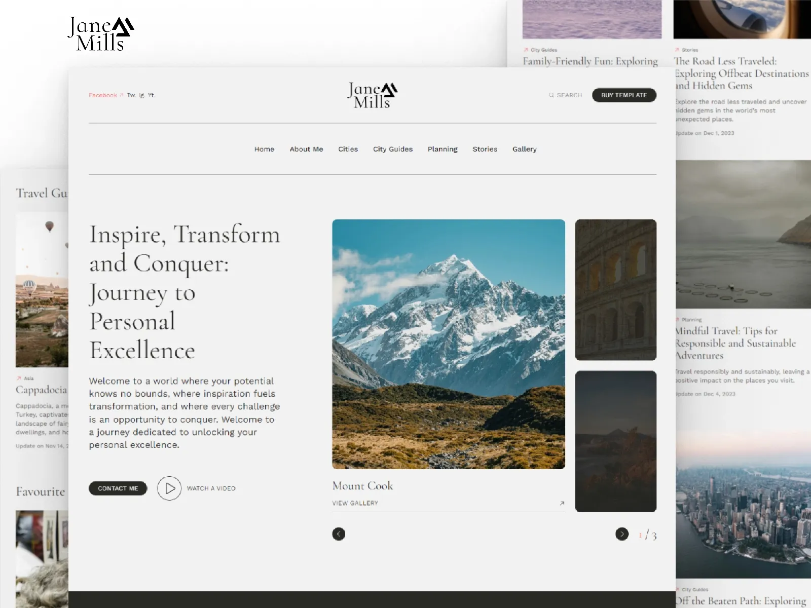 Jane Mills personal travel blogger template with gallery slider, blog articles, city guides, and clean layout.