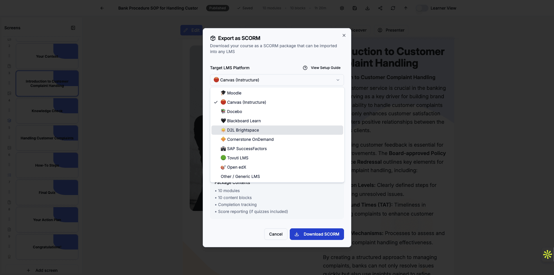 Select D2L Brightspace to optimize your SCORM package for this learning management system.