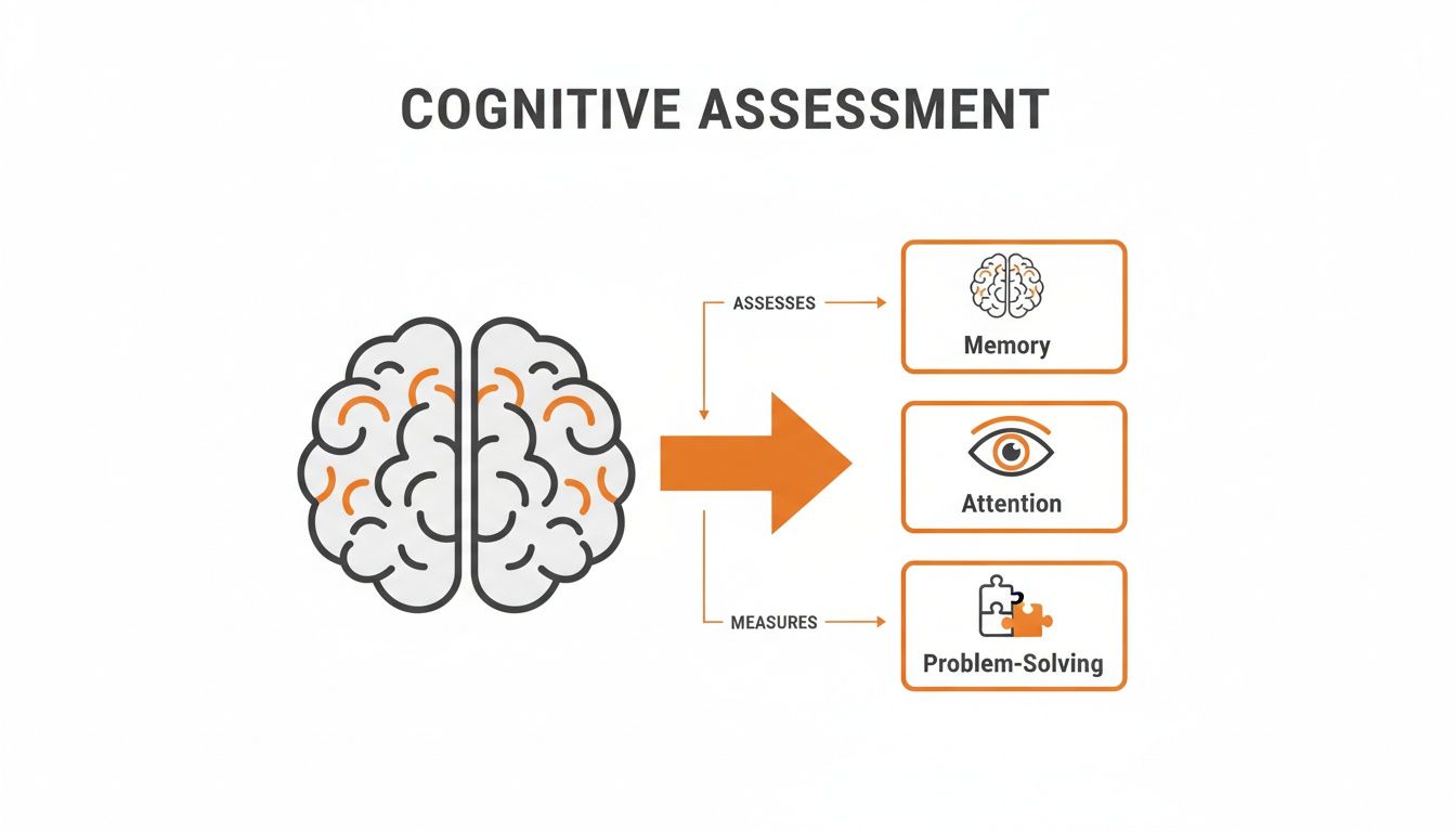 Diagram illustrating a cognitive assessment process measuring memory, attention, and problem-solving skills.
