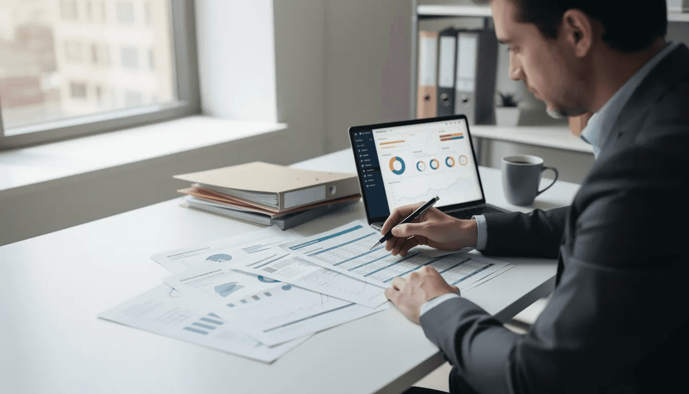 A person is seated at a desk, intently reviewing financial documents alongside a laptop, which suggests they are assessing their capital gains tax obligations and estate planning strategies. The scene conveys a focus on understanding tax implications and ensuring proper management of trust assets for future financial security.