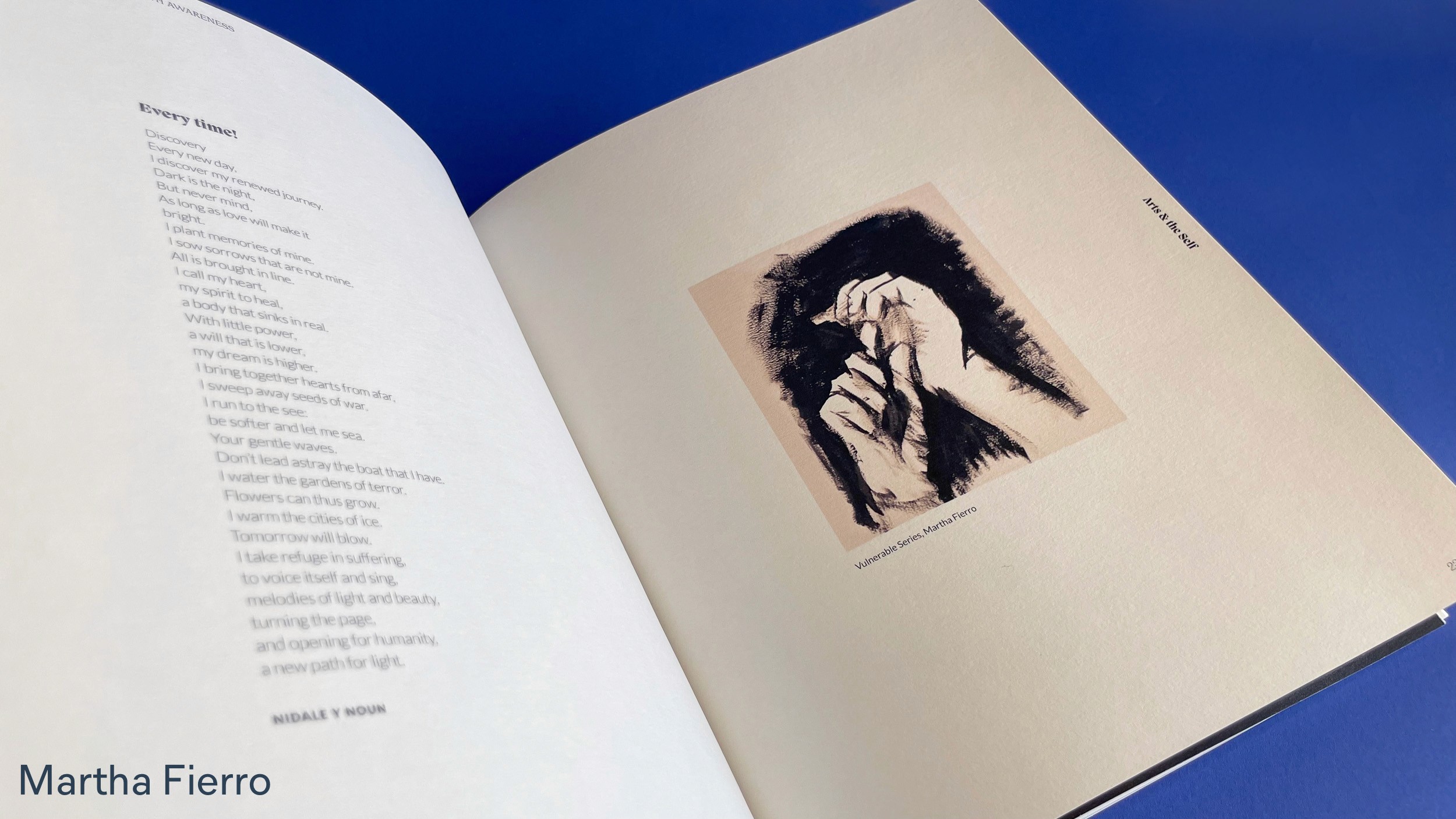 magazine spread with text and a drawing of hands, by Martha Fierro